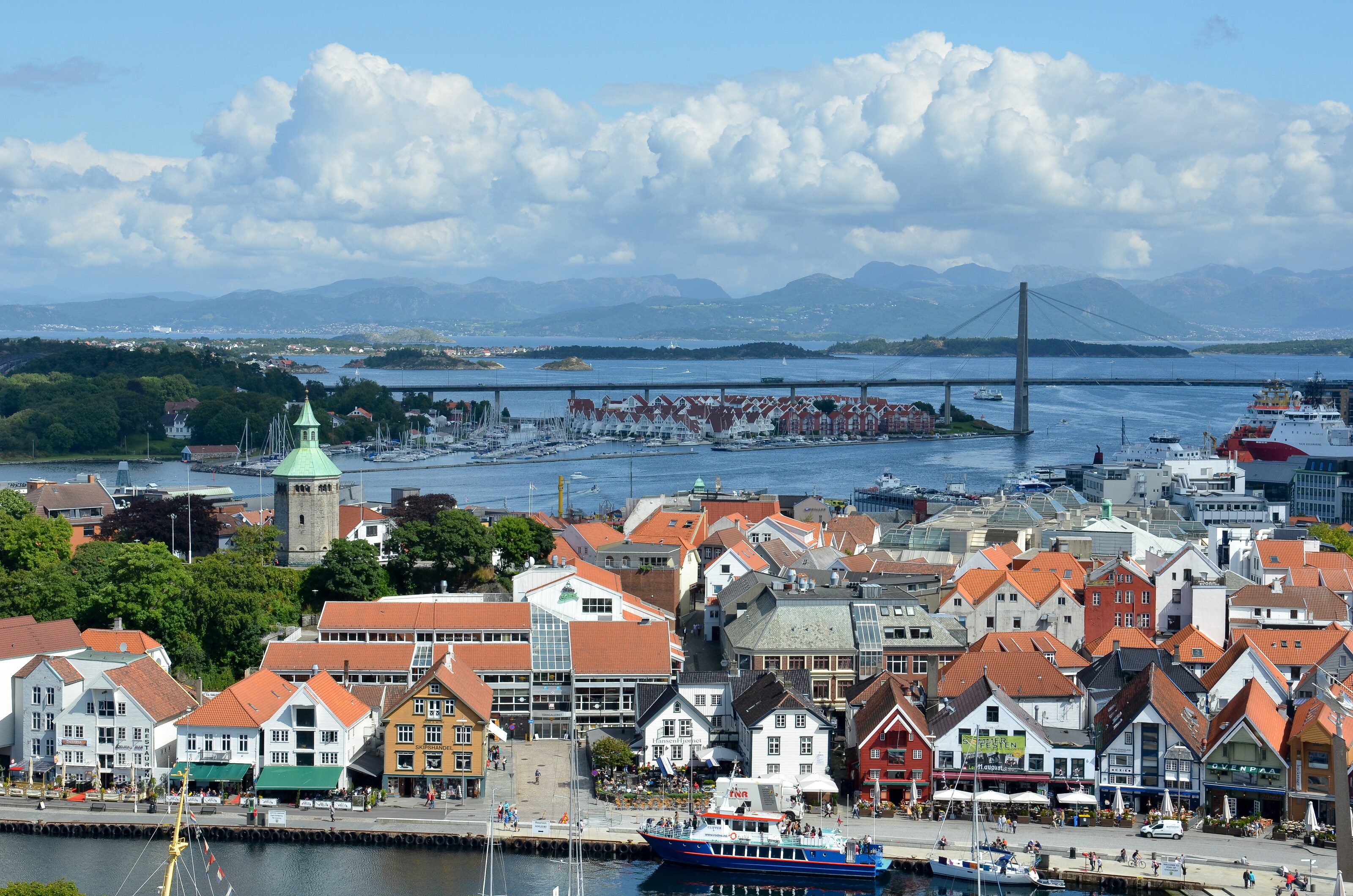 A waterfront promenade with shops and cafes in Stavanger, Norway 