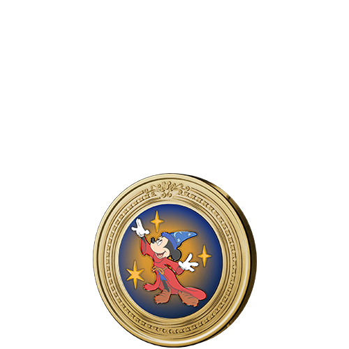 Icon featuring Sorcerer Mickey in a circular frame with stars, surrounded by butterflies in flight 