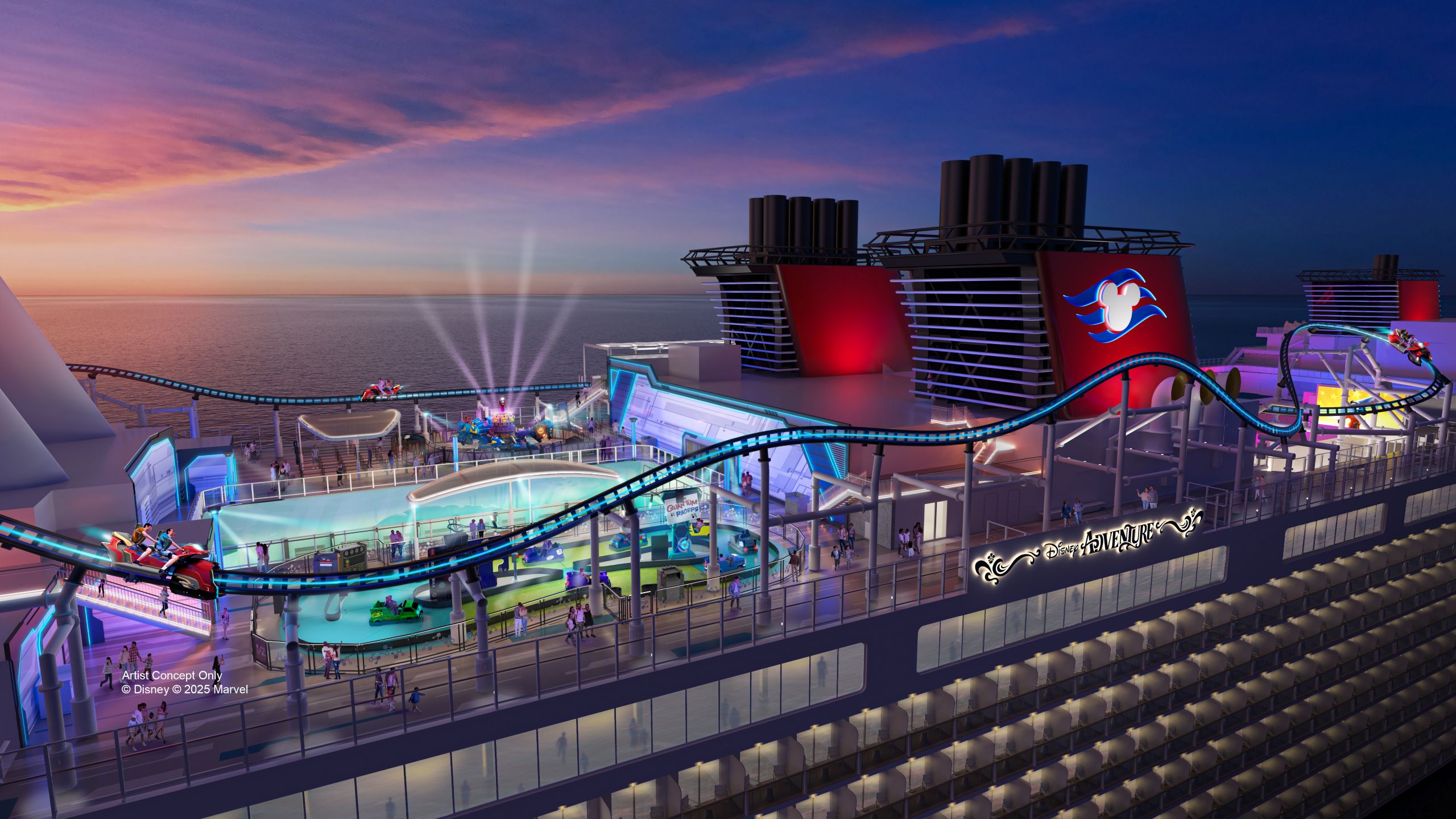 An artist rendering of Marvel Landing on the top deck of the Disney Adventure