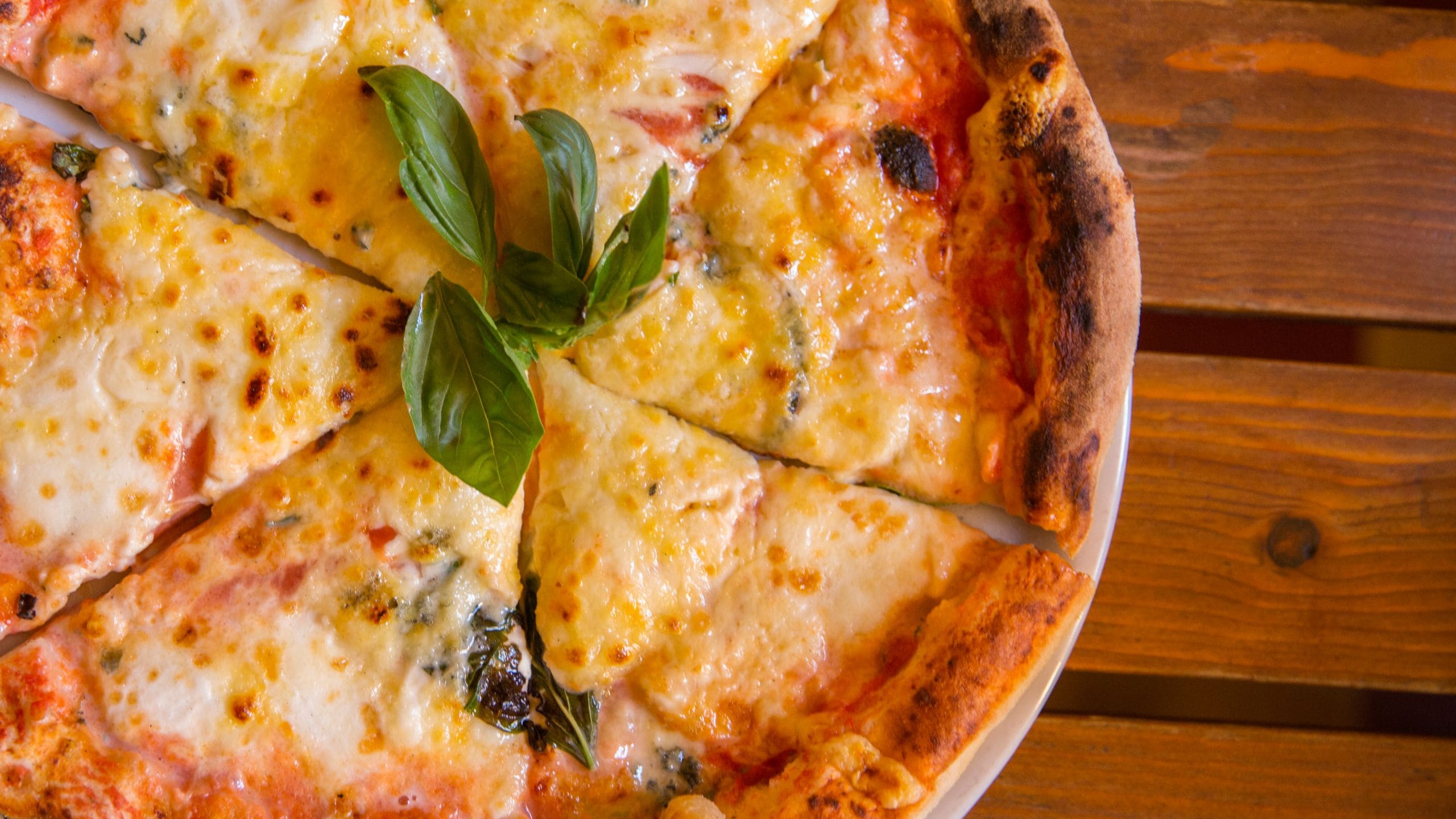 A Pizza Planet cheese pizza, garnished with fresh basil