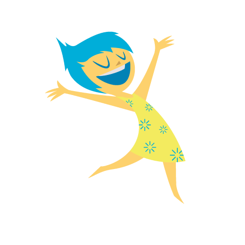 An illustration of Joy from Inside Out, surrounded by icons from various Pixar movies