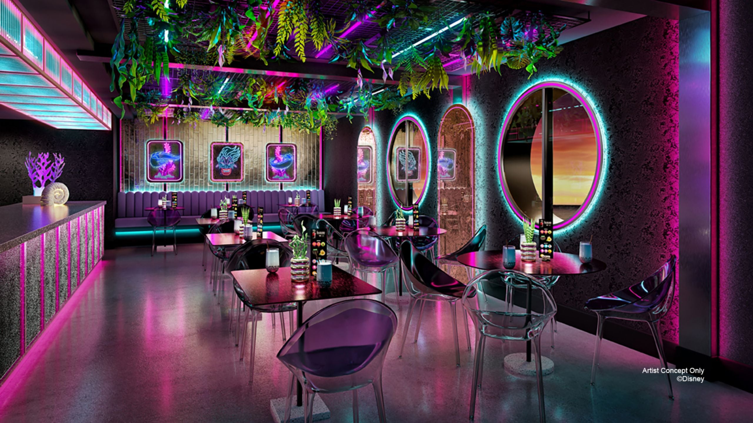 An artist rendering of Bewitching Boba and Brews on the Disney Adventure, featuring artwork of The Little Mermaid villains and foliage suspended from the ceiling