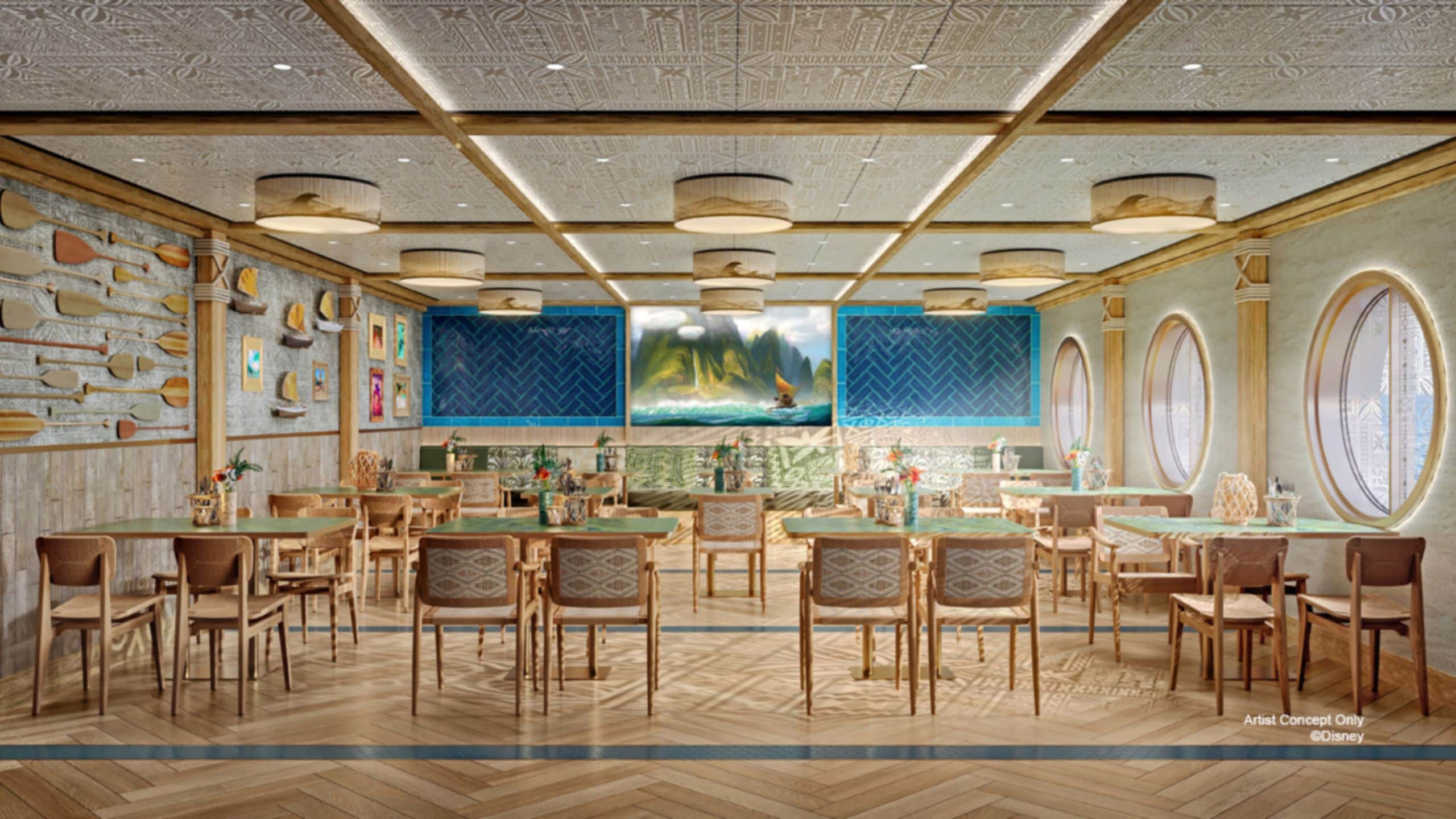 An artist rendering of Gramma Tala’s Kitchen on the Disney Adventure, featuring Moana inspired Polynesian decor