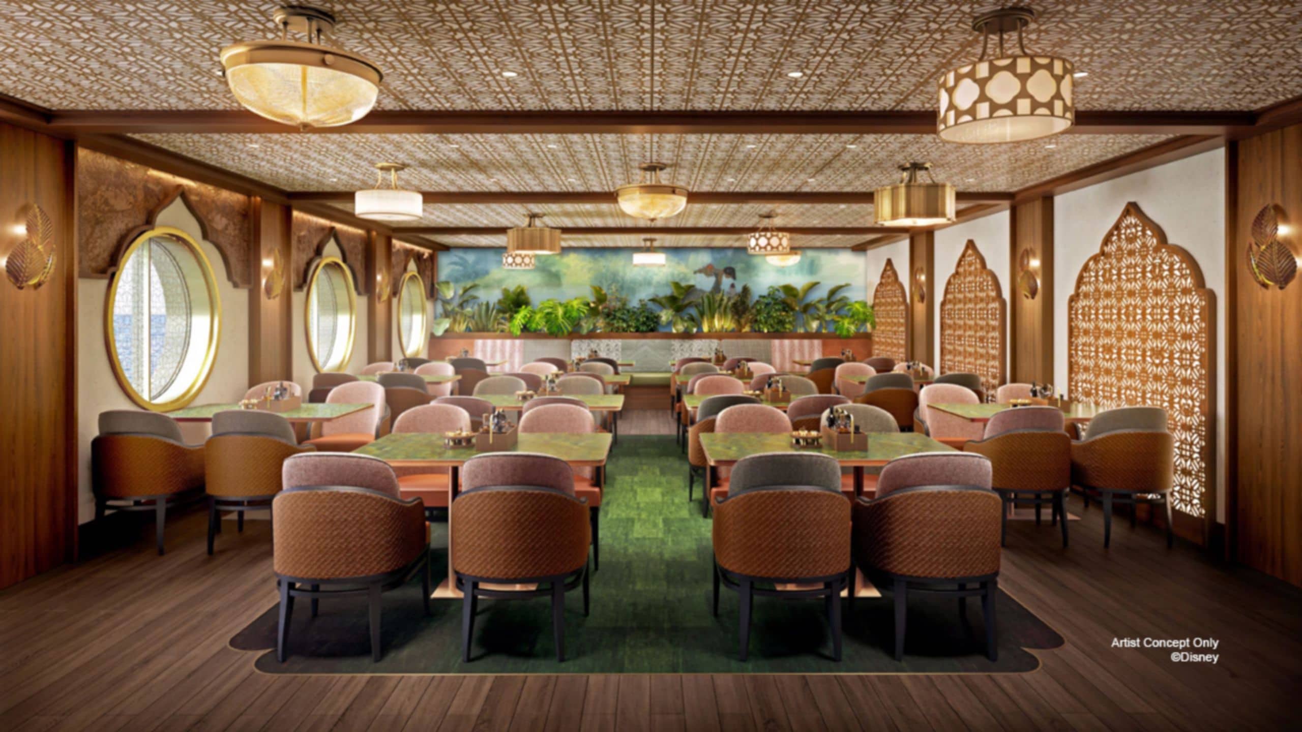 An artist rendering of Mowgli’s Eatery on the Disney Adventure, featuring The Jungle Book inspired decor