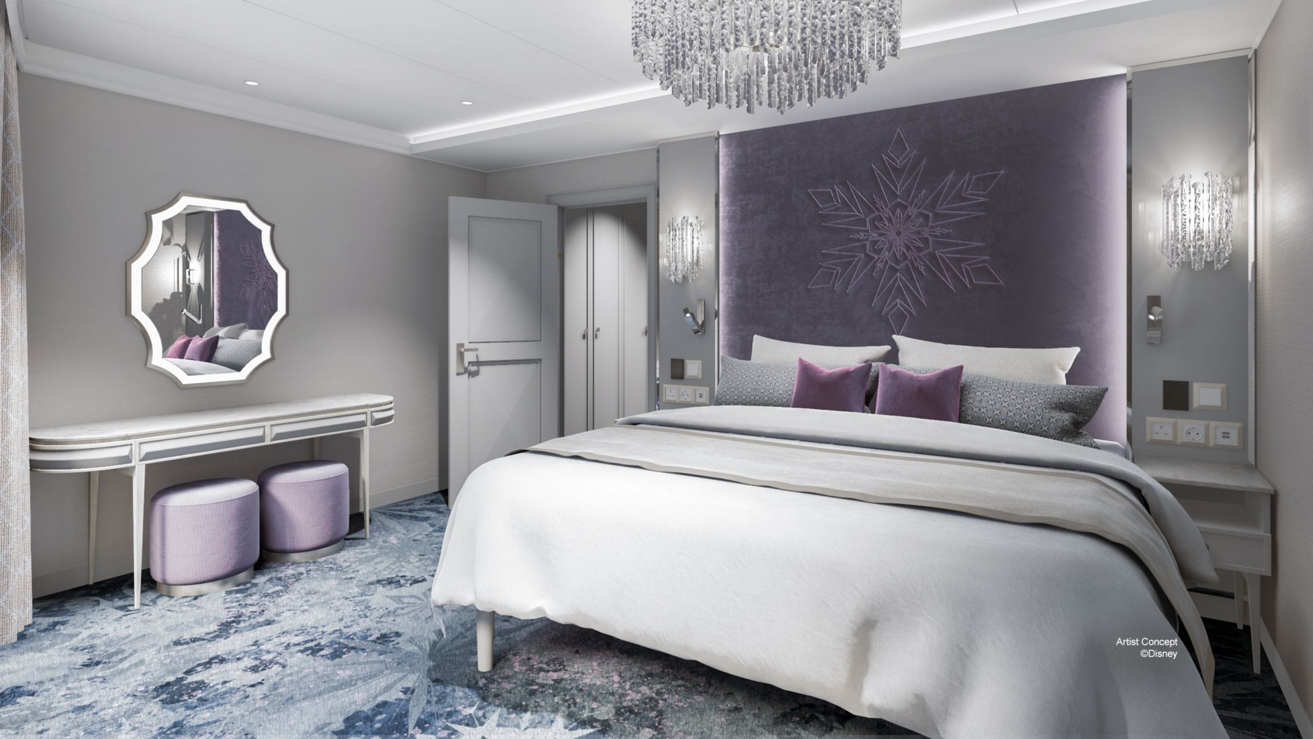 Un Dormitorio Elsa en una Suite Real Concierge con una cama King Size, una lámpara de techo y una cómoda con espejo