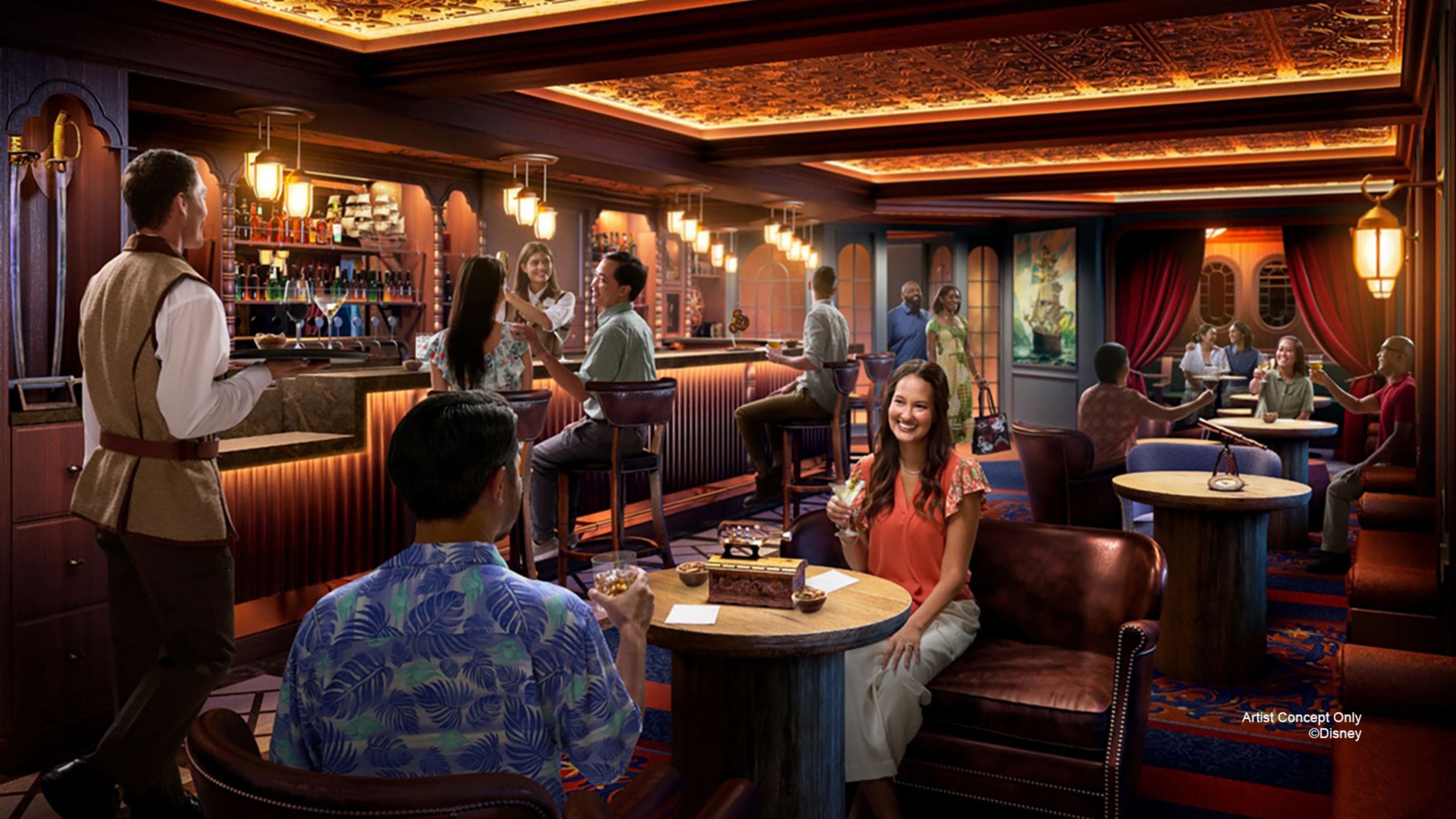 Guests enjoying beverages at the Buccaneer Bar on board the Disney Adventure