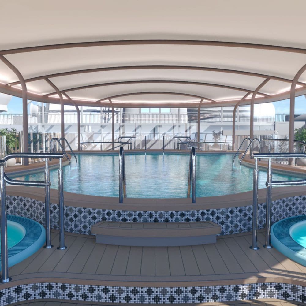 Una piscina con sombra cerca de dos hidromasajes en la terraza Concierge