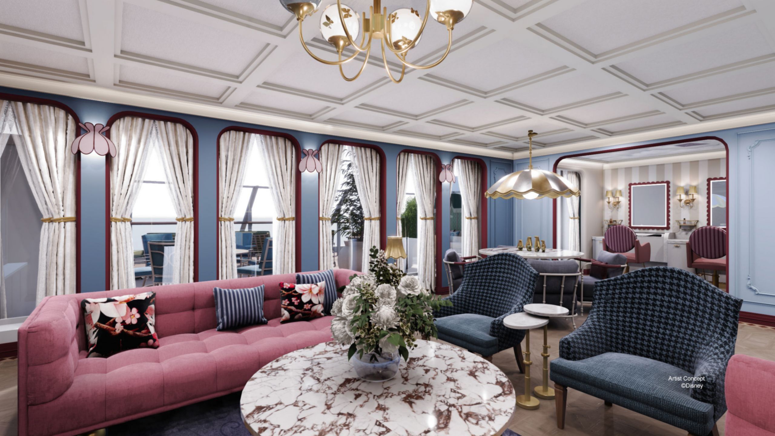 An artist rendering of the Concierge Lounge on the Disney Adventure featuring luxe sofas, chairs and tables