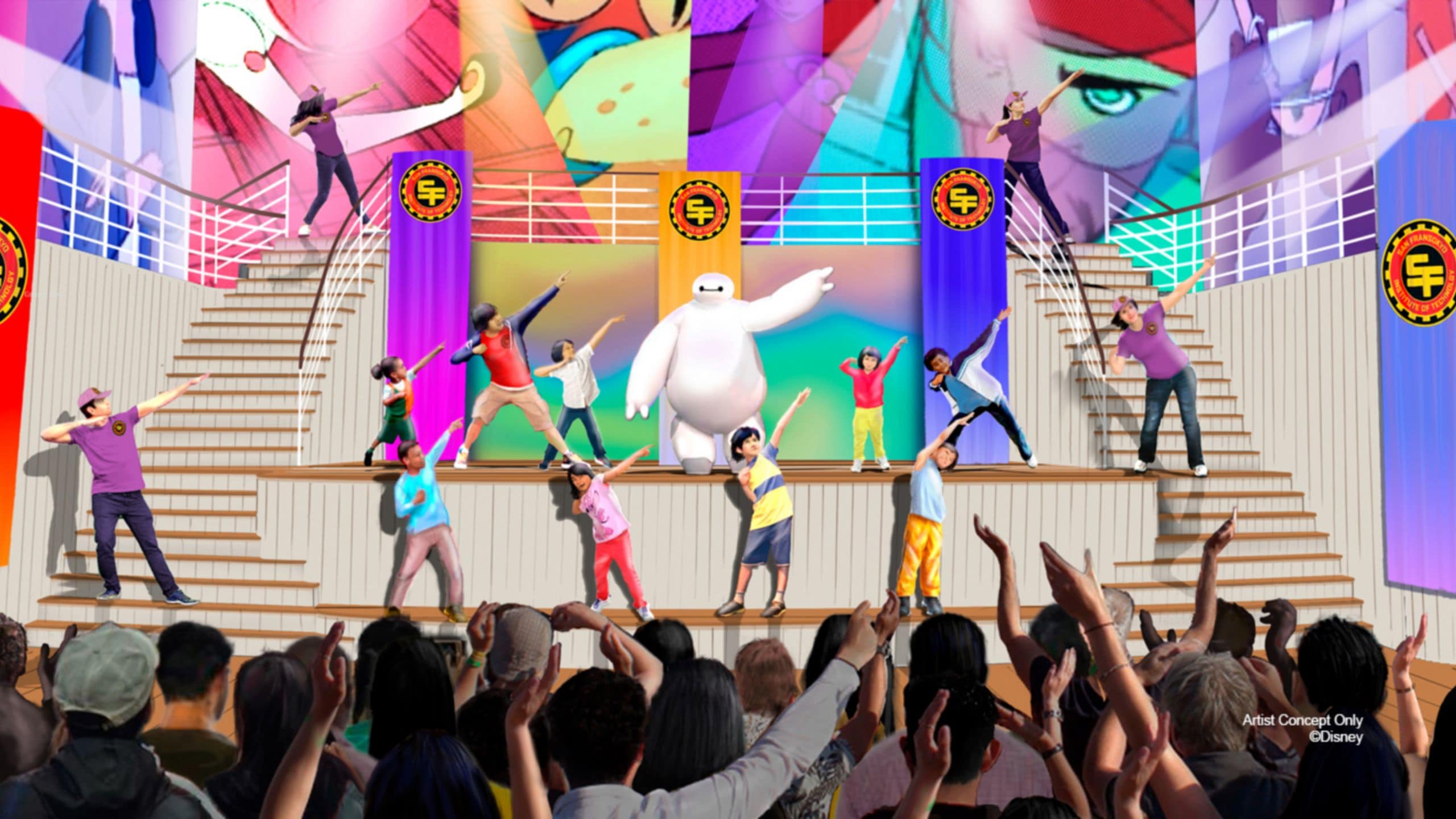 An artist rendering of the Baymax Super Exercise Show, with Baymax, Cast Members and children exercising together on stage