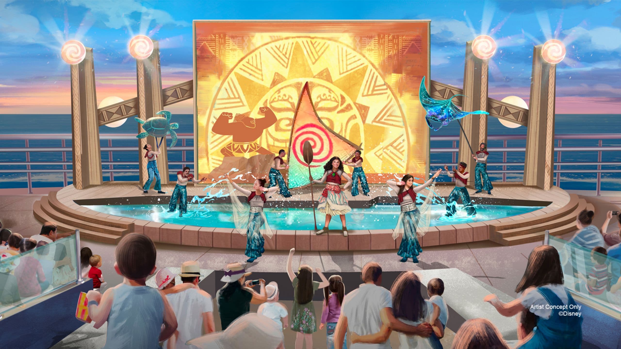 An artist rendering of the outdoor Moana, Call of the Sea stage show on the Disney Adventure, featuring performers, sea life puppets and a shallow pool
