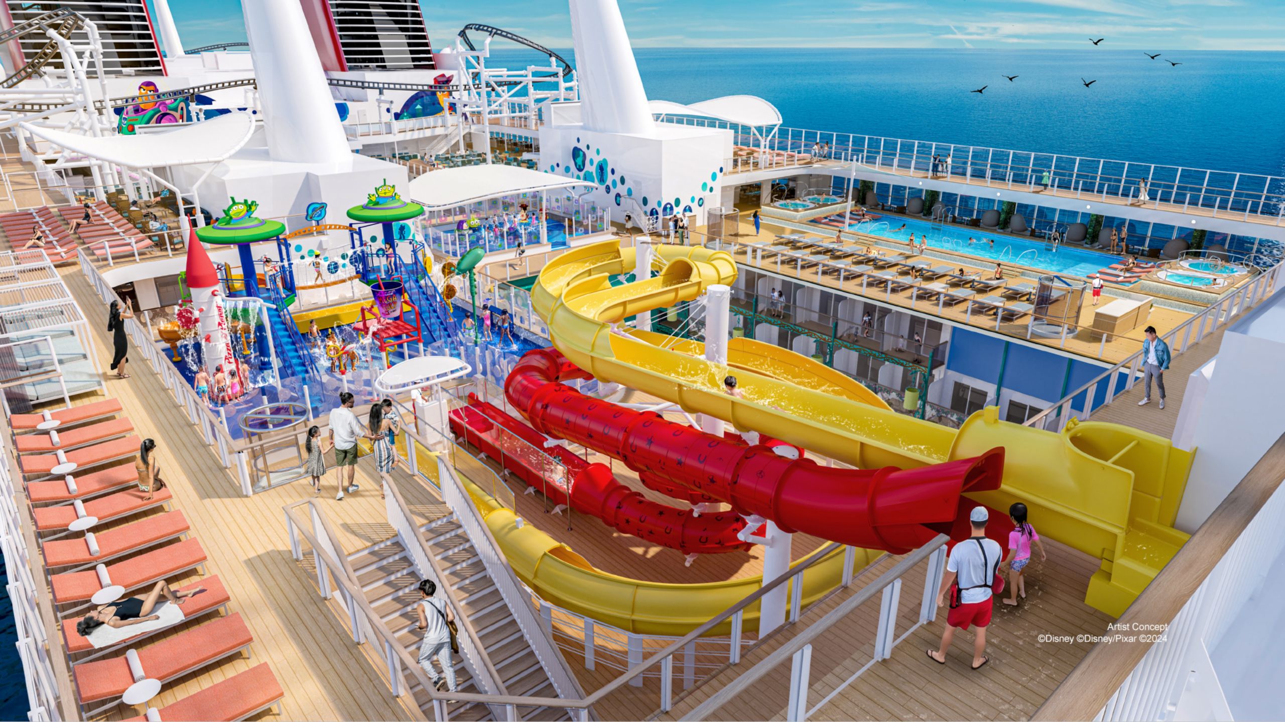 Representação artística do Toy Story Place, uma área de recreação com toboáguas, piscinas e splash pad, tudo no deck superior do Disney Adventure