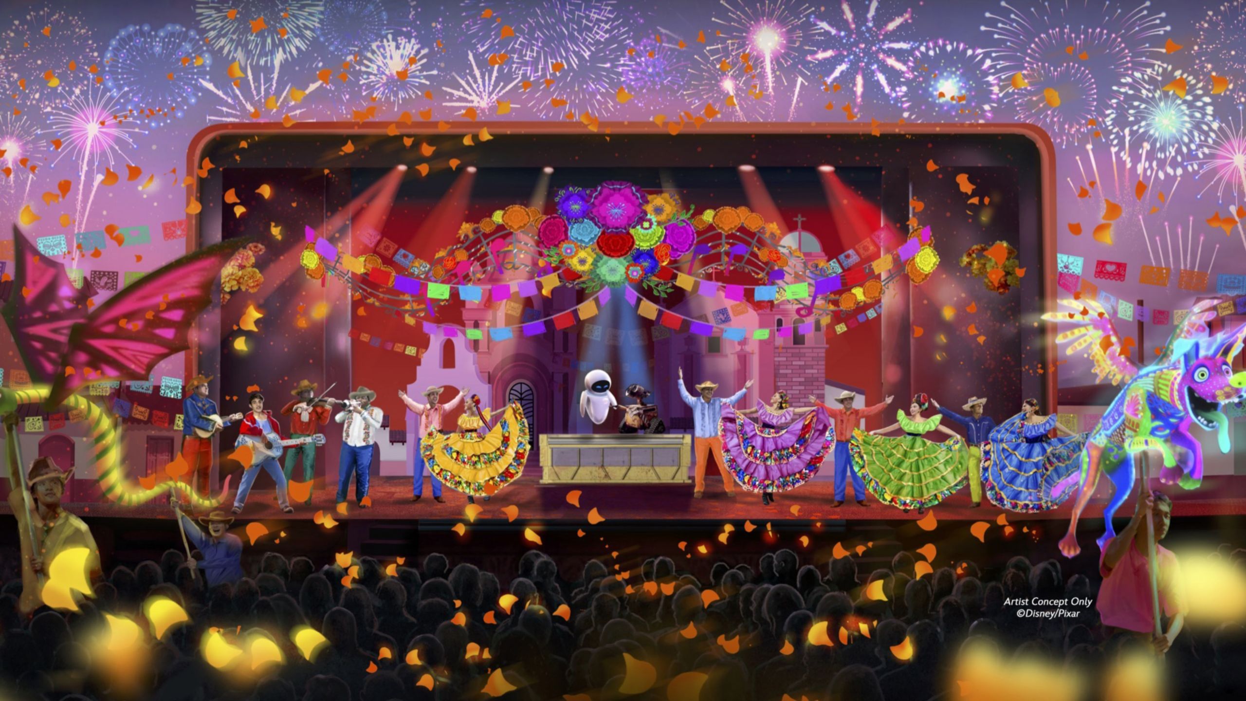An artist rendering of the Coco Remember stage show on the Disney Adventure,  featuring flags, fireworks, Miguel, Wall E, Eve and performers in traditional Mexican clothing