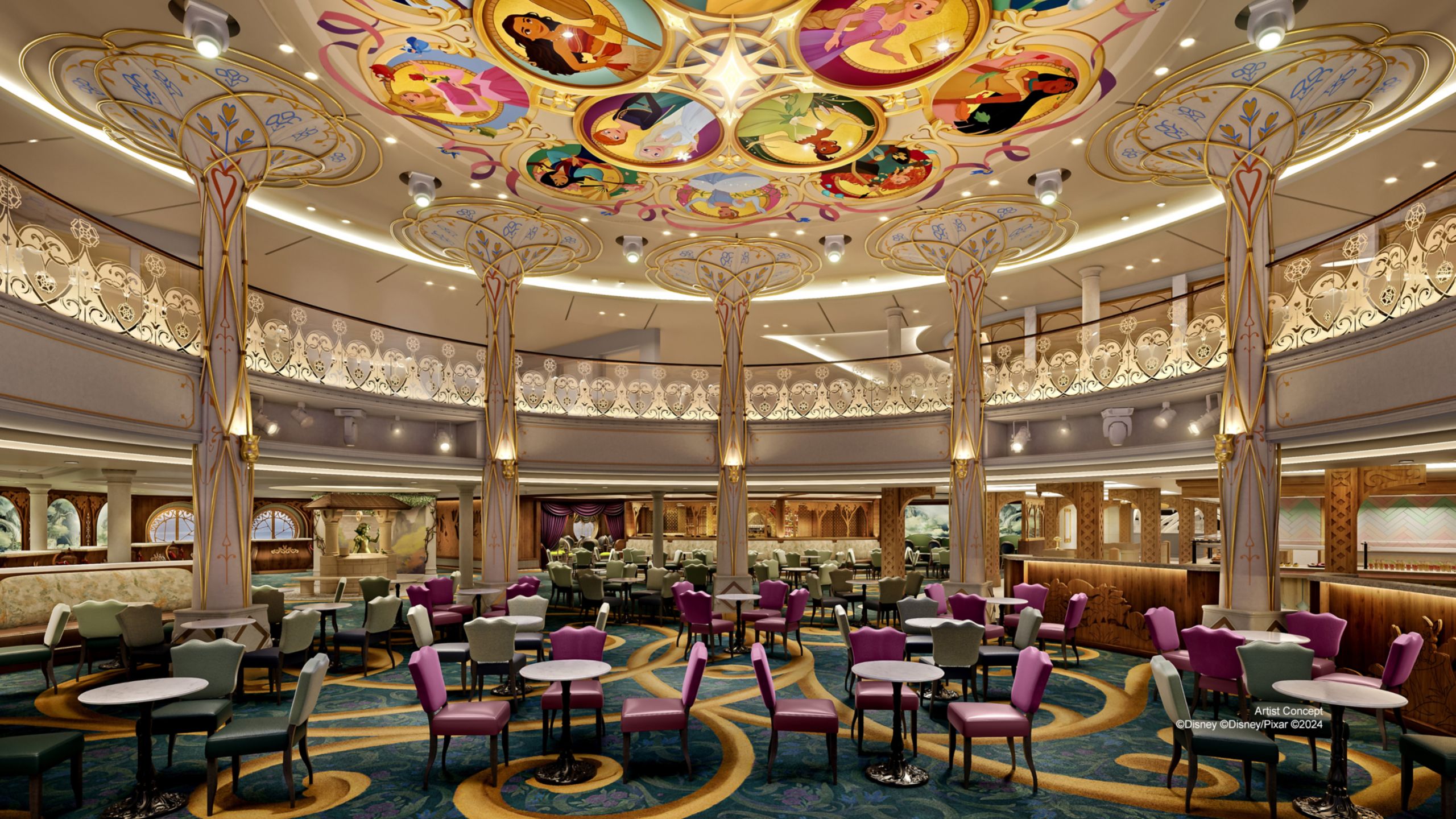 Artist rendering of Town Square, featuring a Disney princess-themed mural on the ceiling and ornate decor