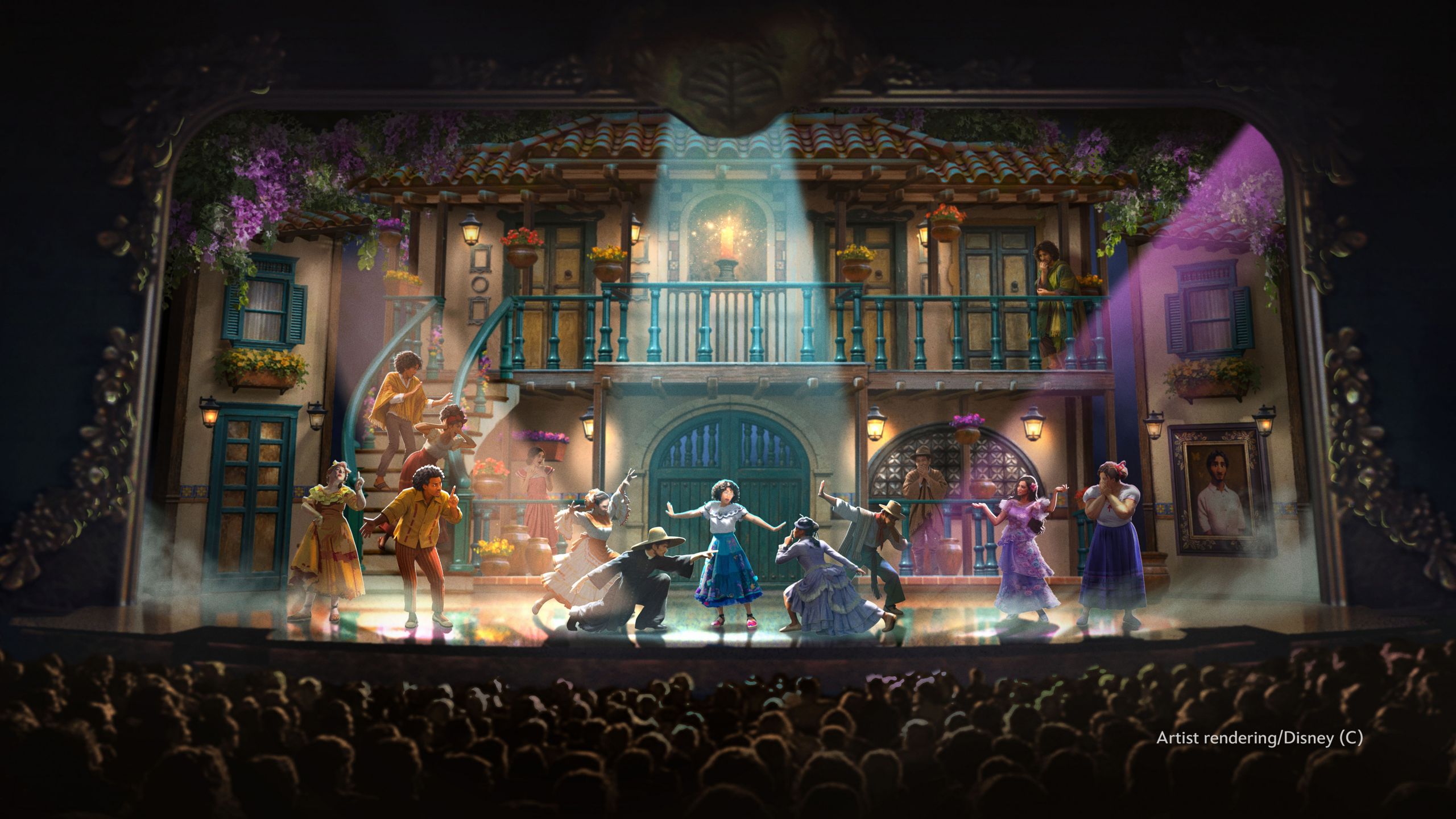 Artist’s rendering of the Disney Encanto cast performing on stage aboard the Disney Believe