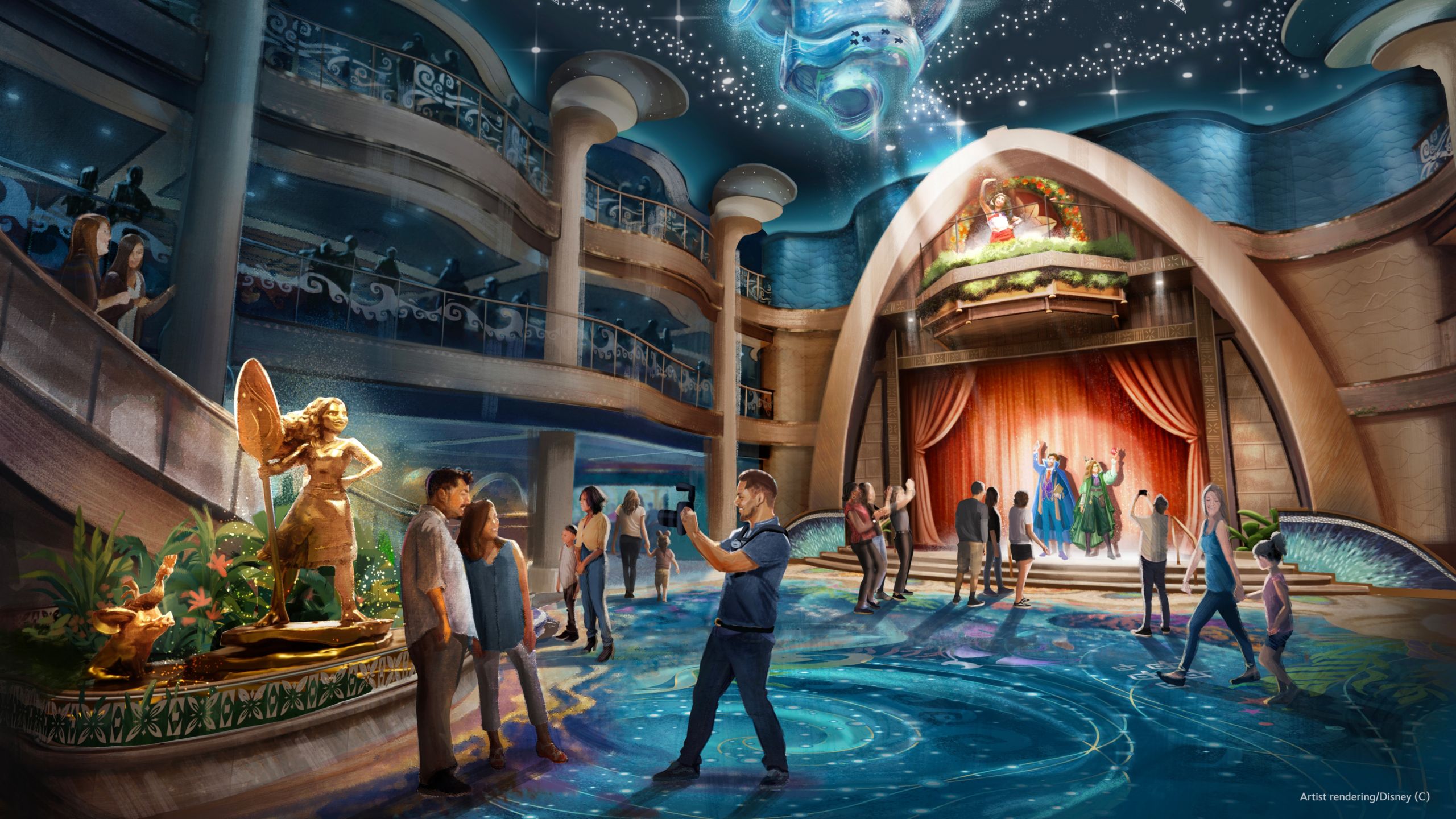 Artist conceptual rendering of Guests taking photos with a statue of    Moana and walking through the Grand Hall near a stage aboard the    Disney Believe cruise ship  