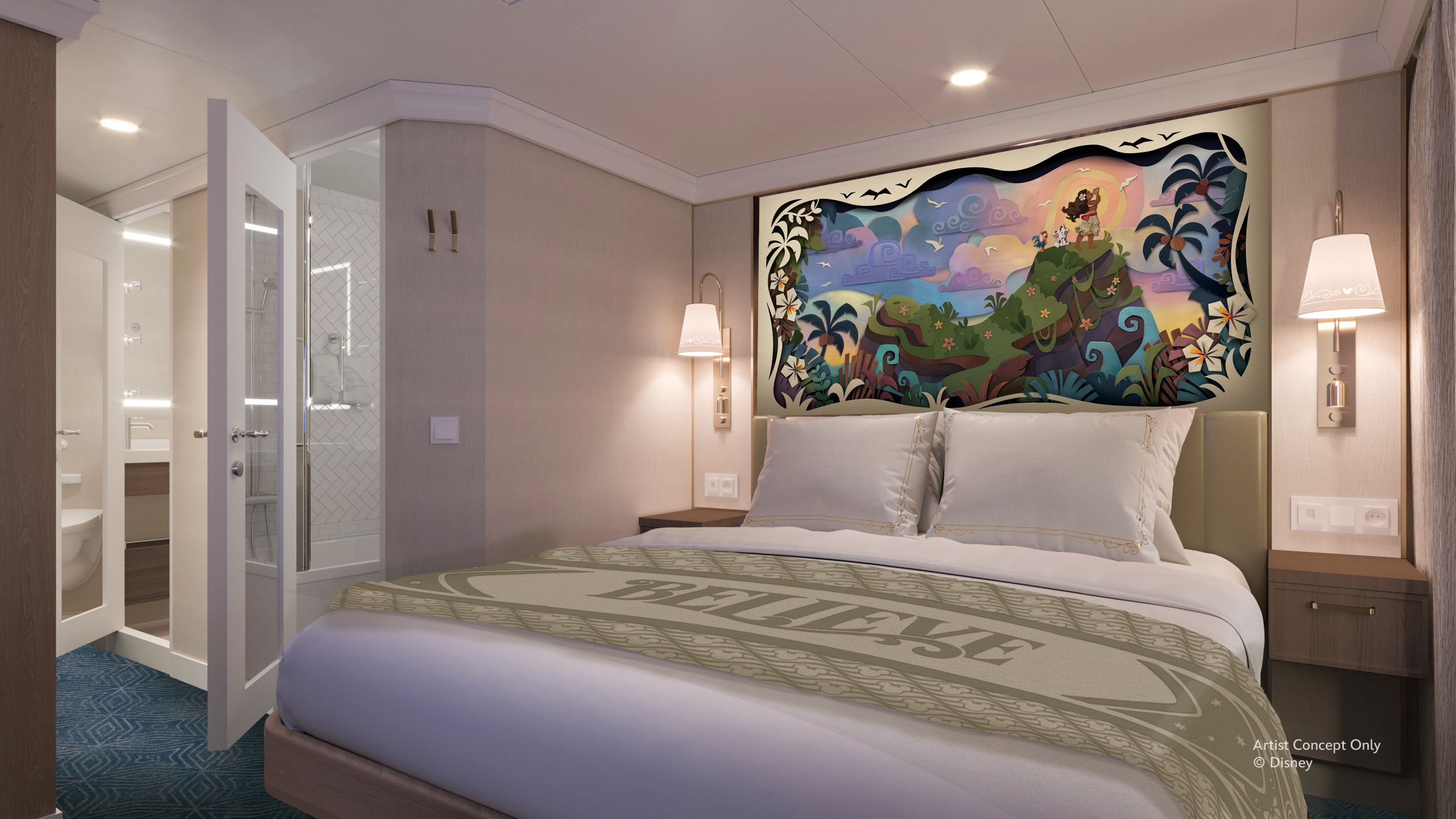 A Veranda stateroom on the Disney Believe cruise ship, featuring a bed next to a bathroom with separate shower