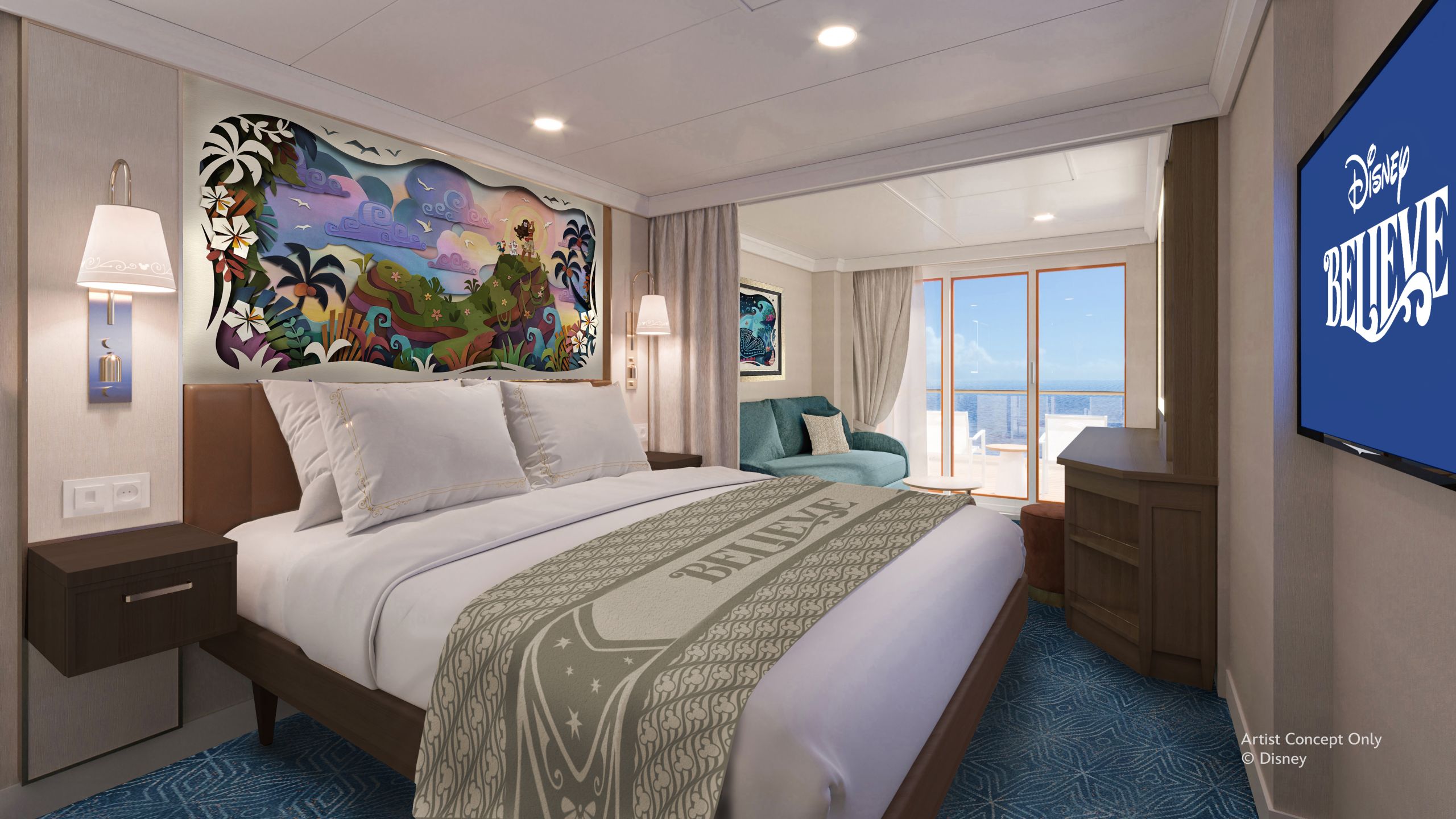 A Veranda stateroom on the Disney Believe cruise ship, featuring a bed and living room next to a veranda