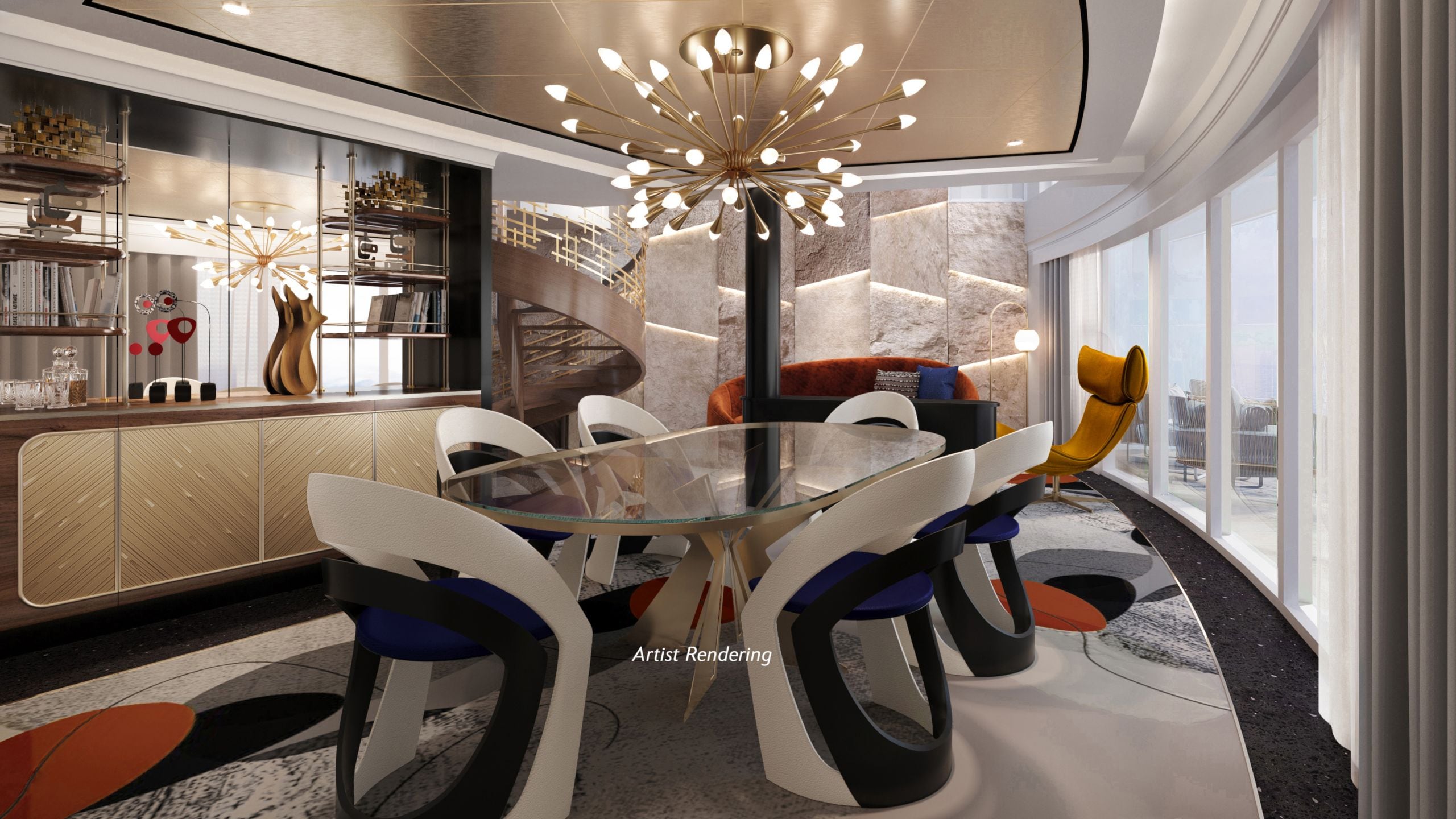 A Royal Suite with a table and 6 chairs, a wet bar and floor to ceiling windows 