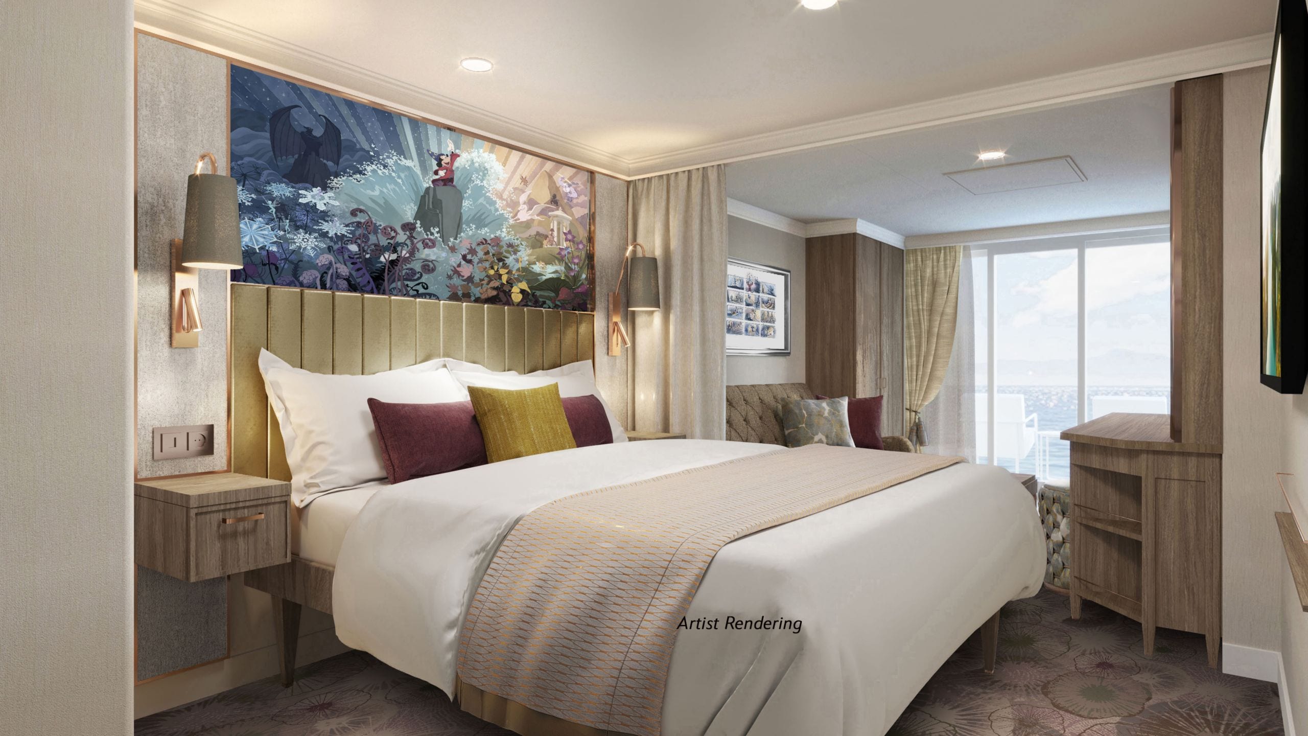 Queen size bed, wall art, TV, privacy curtain, sofa, built in shelving and verandah