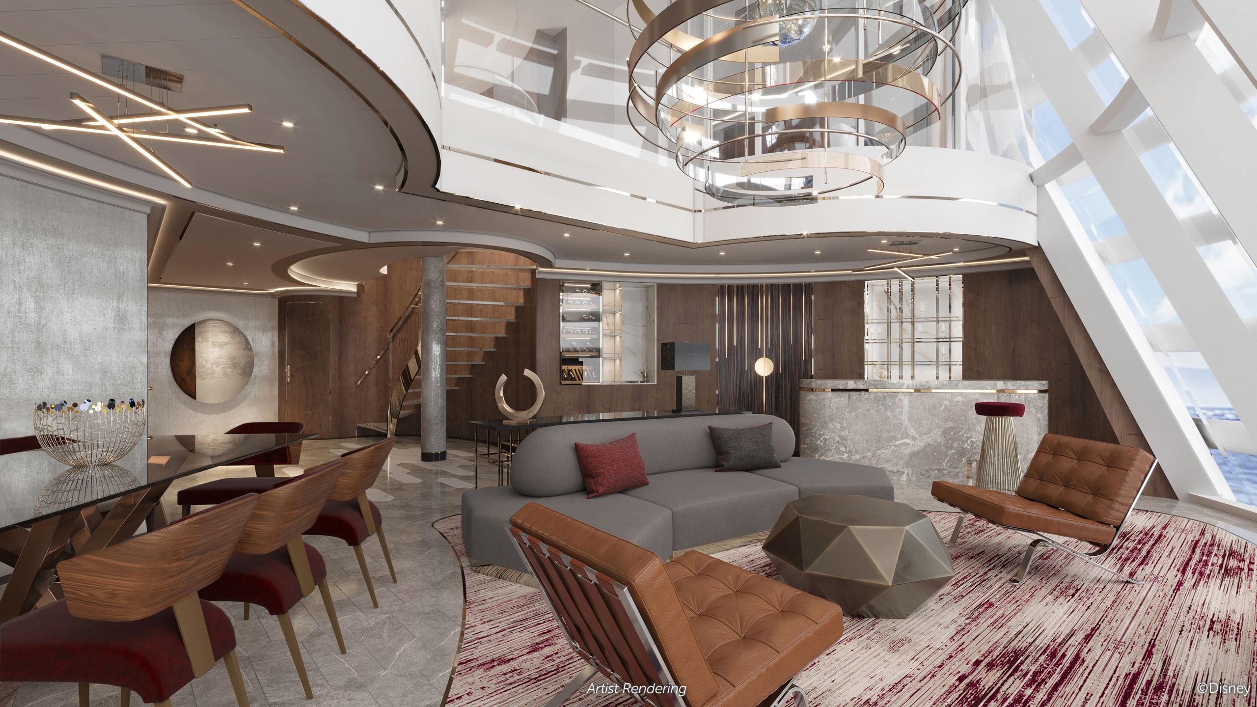 An artist rendering of the Disney Destiny Concierge Tower Suite Stateroom living area with a dining table, 2 chairs, a couch, a low table, a window with ocean view and stairs