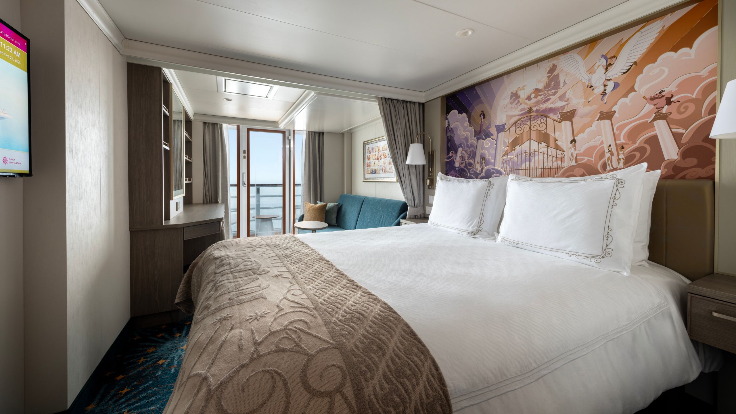 A Deluxe Oceanview with Veranda stateroom featuring a bed, sofa    and balcony aboard the Disney Destiny cruise ship  