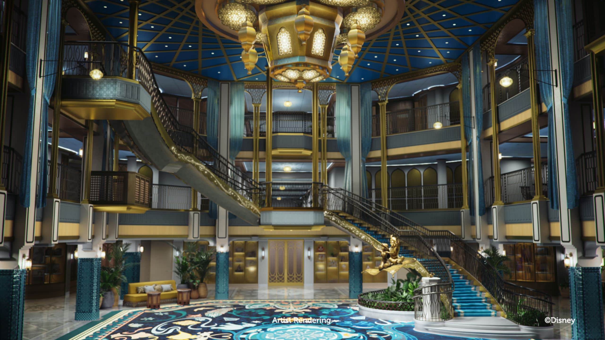 El Gran Salón del Disney Treasure revela columnas, un candelabro, una estatua de Jasmine y Aladdin en una alfombra voladora y una escalera de caracol que abarca 3 cubiertas
