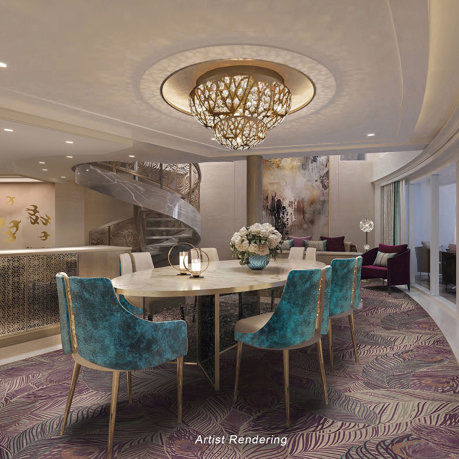 Uma luxuosa área de jantar com escada em espiral, lustre estilizado, janelas do chão ao teto e mesa de jantar com 6 cadeiras