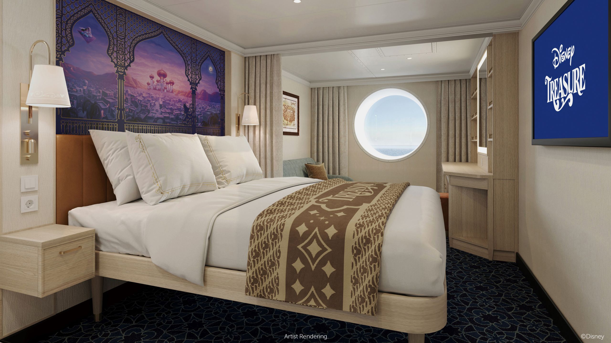 A Disney Treasure stateroom with a bed, sofa, desk, nightstand, TV, artwork inspired by Frozen and a window facing the ocean