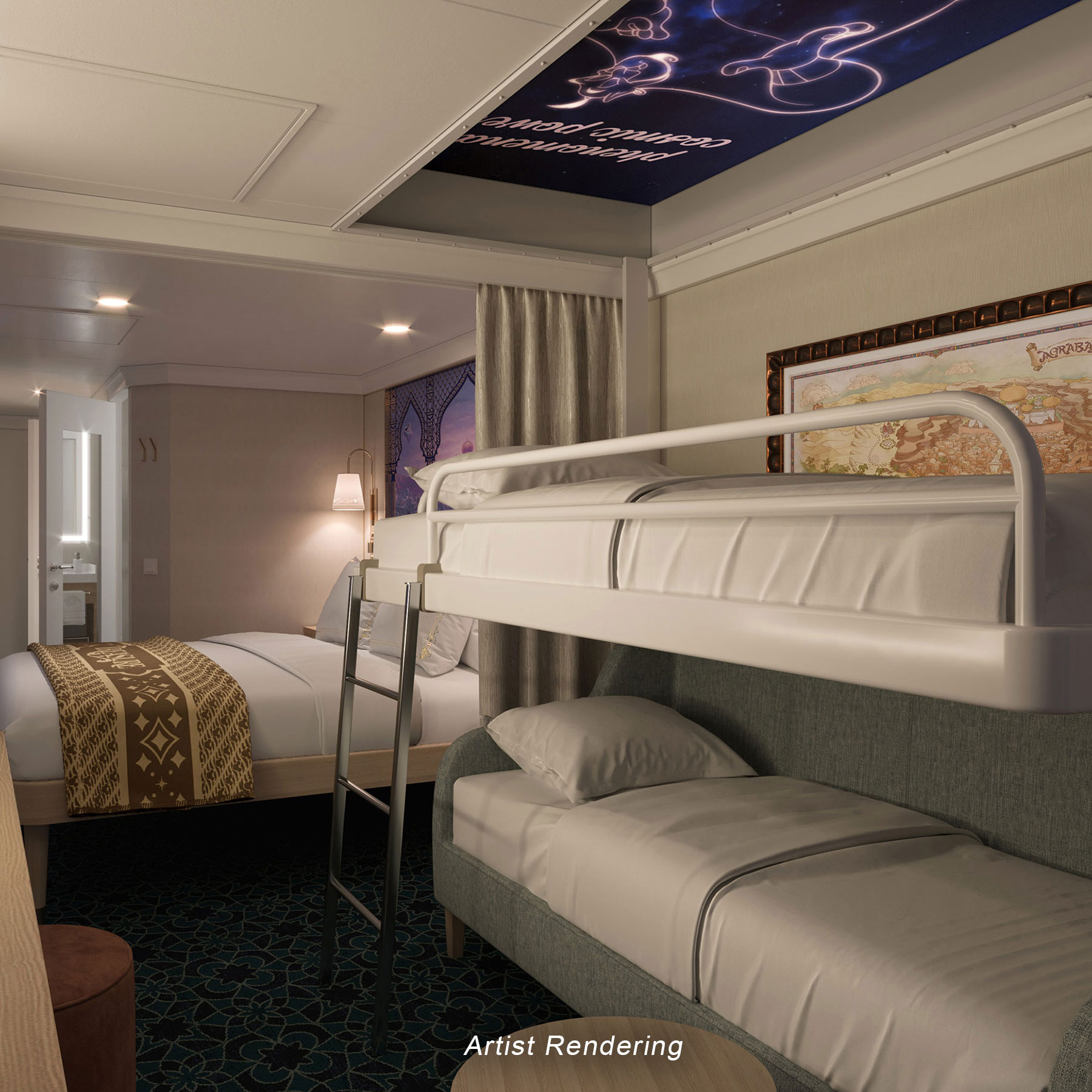 Suíte de luxo com beliches, arte no teto, prateleiras embutidas, espelho iluminado e uma cama