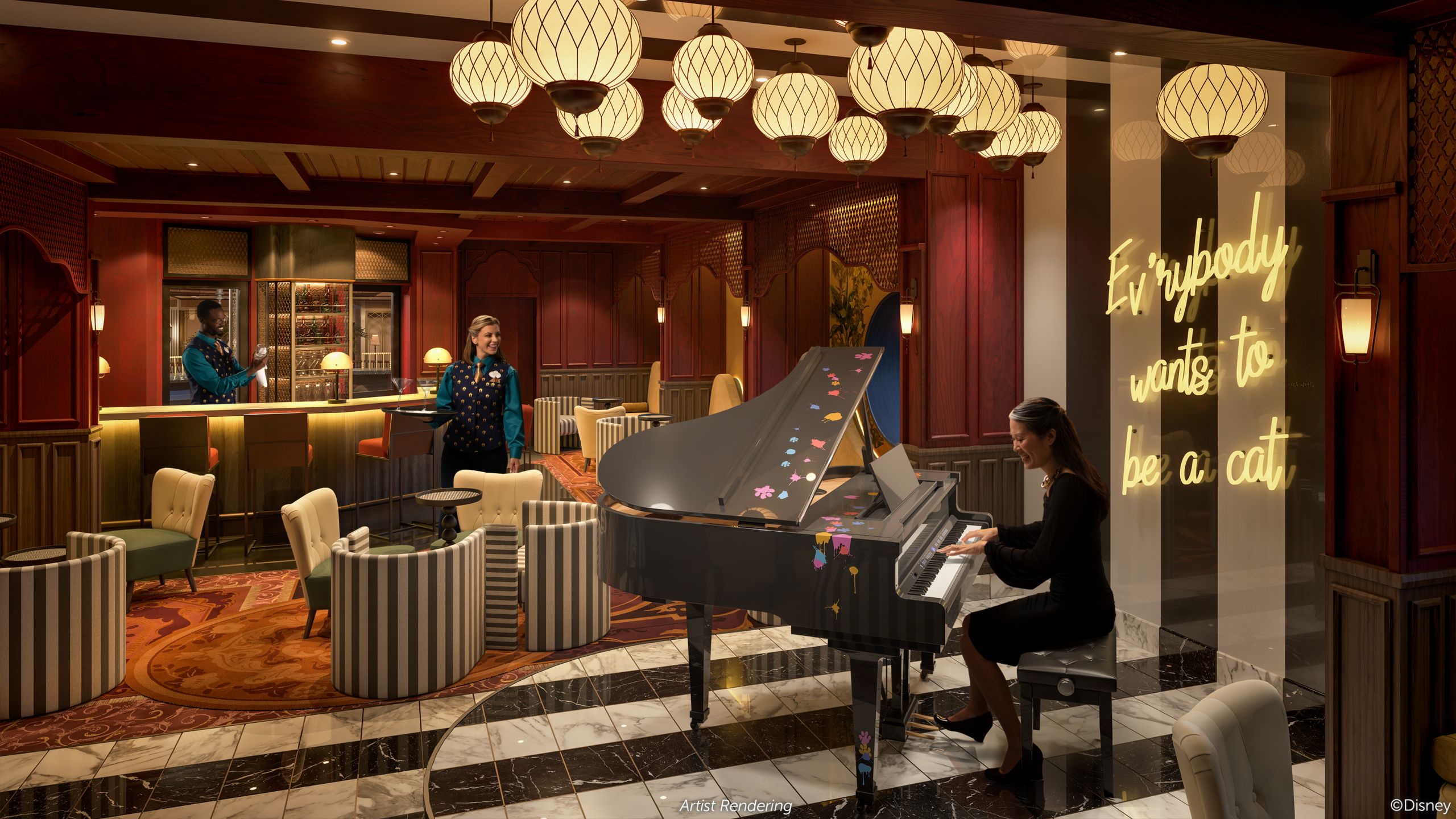 Um piano bar no Disney Treasure com 2 cast members servindo bebidas, um pianista e assentos ao estilo cabaré