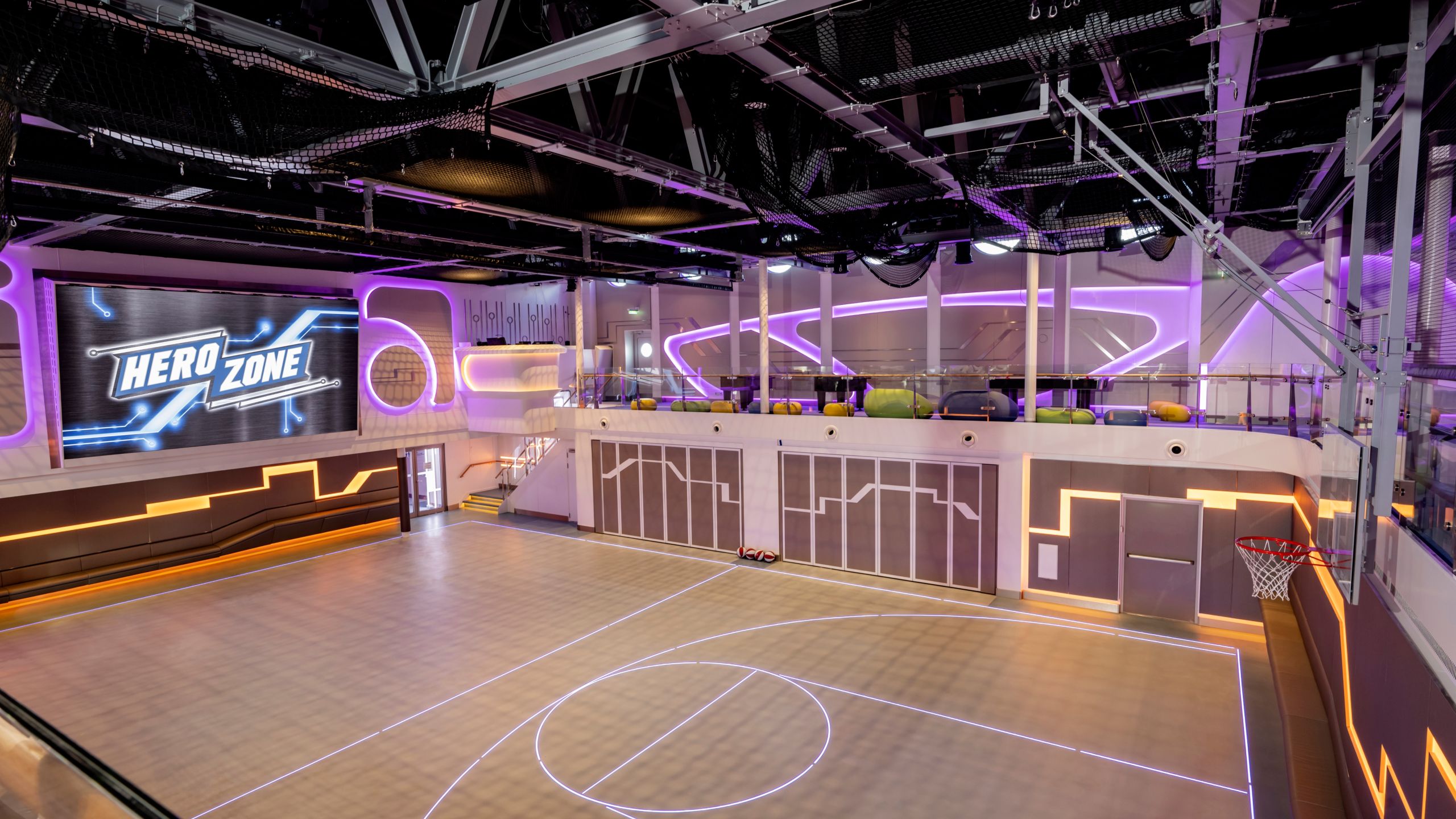 An indoor multi-function climate controlled sports arena called Hero Zone on the Disney Wish