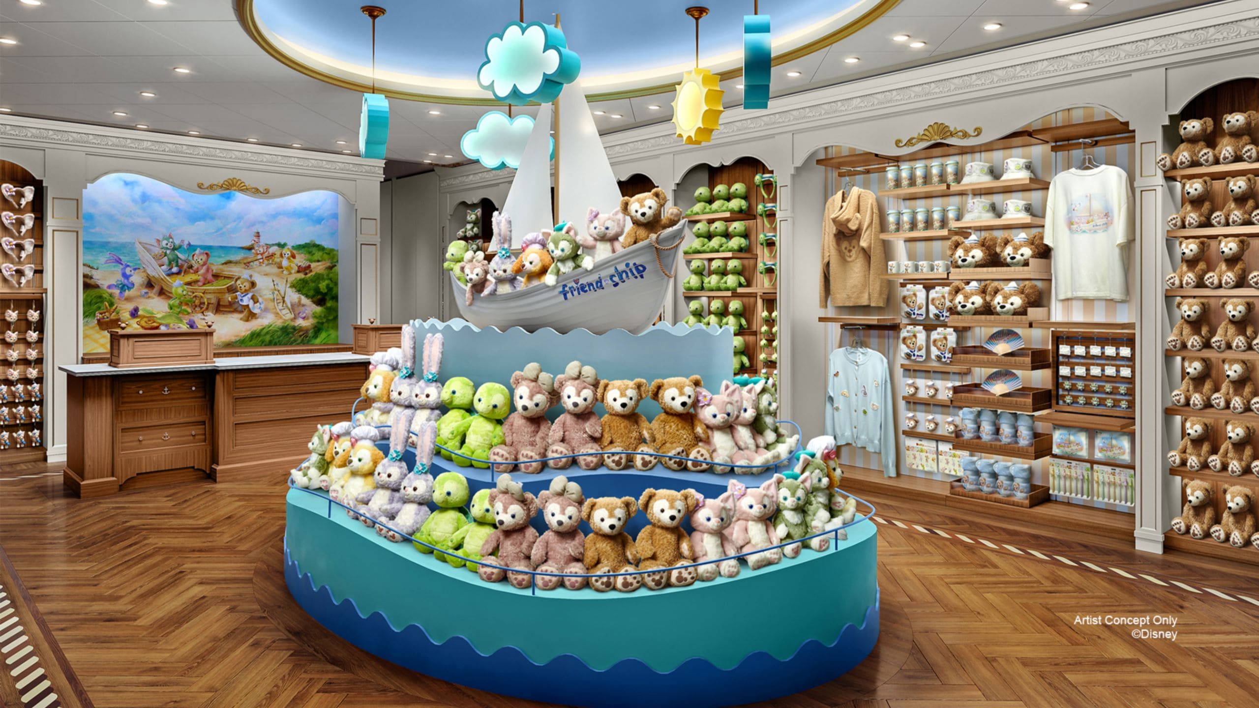 An artist rendering of the Duffy and Friends shop featuring the Friend Ship and a large assortment of plushe