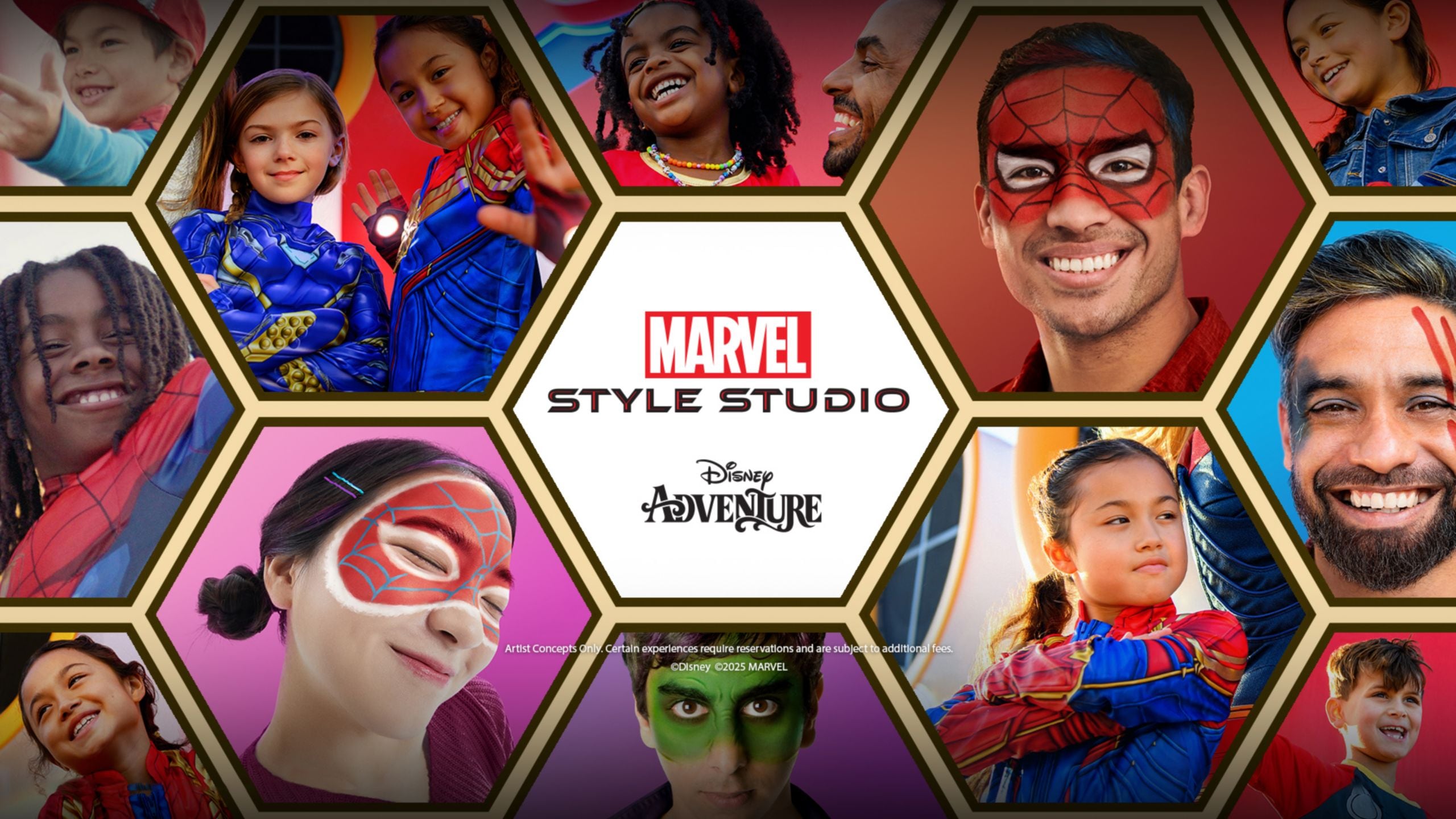 Um banner do Marvel Style Studio no Disney Adventure com hóspedes vestidos ou com o rosto pintado como diferentes super-heróis da Marvel