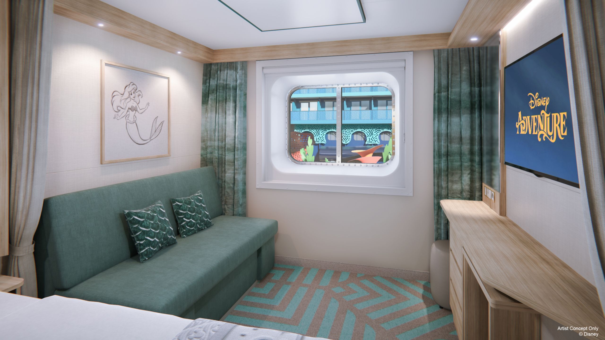 An artist rendering of a Deluxe Inside with Reef View stateroom on the Disney Adventure with a bed, desk, artwork inspired by The Little Mermaid and a window with a reef view