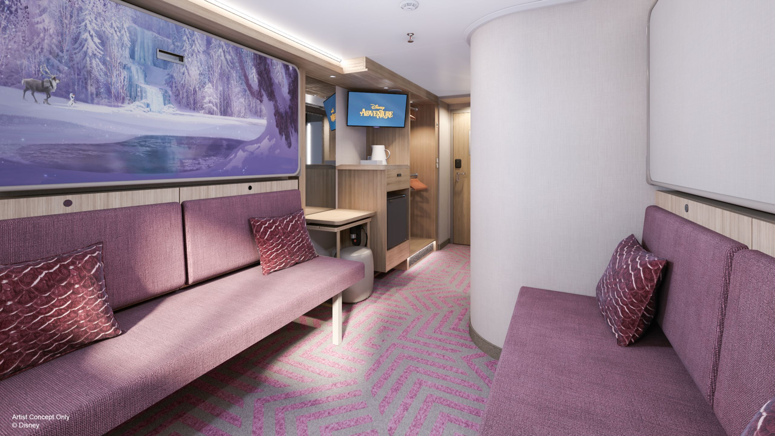 An artist rendering of an Oceanview stateroom on the Disney Adventure with a TV, mini fridge, closet, sofas and artwork inspired by Frozen