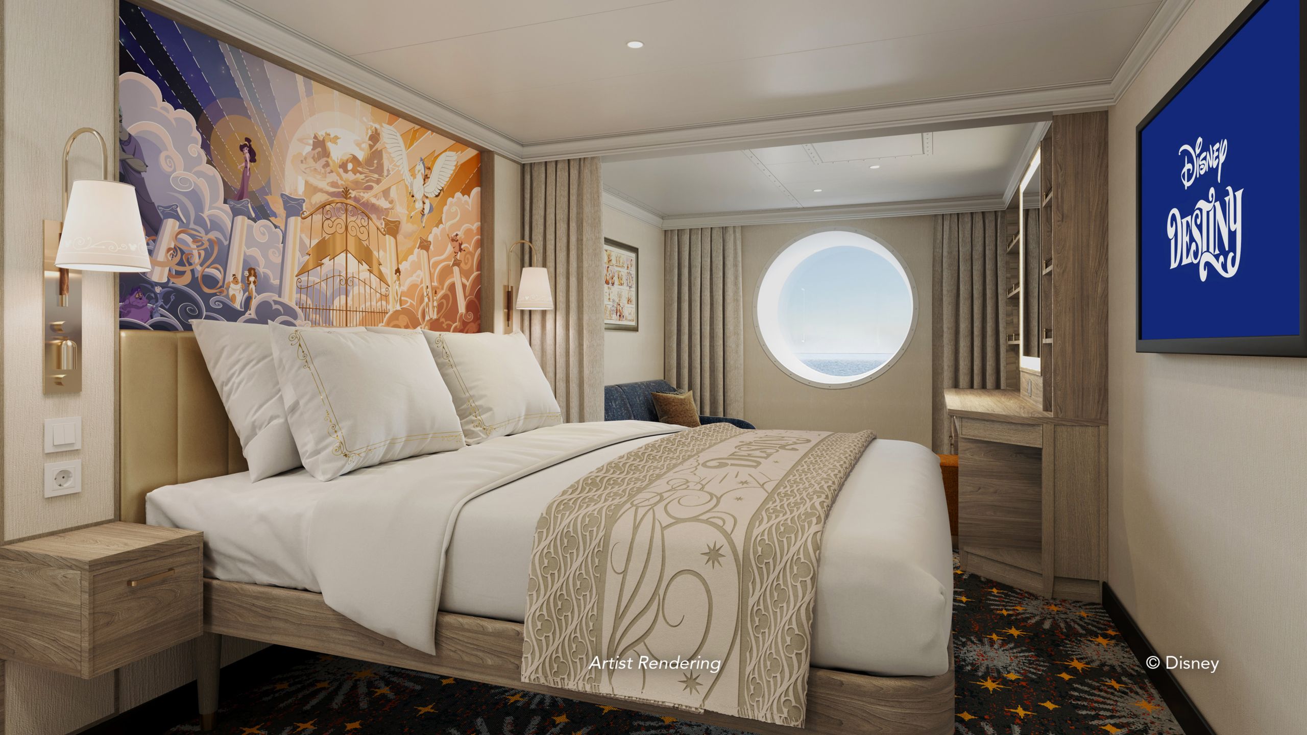 An artist rendering of a Disney Destiny Deluxe Oceanview Stateroom with a bed, a sofa, a porthole with ocean view, a TV and a vanity