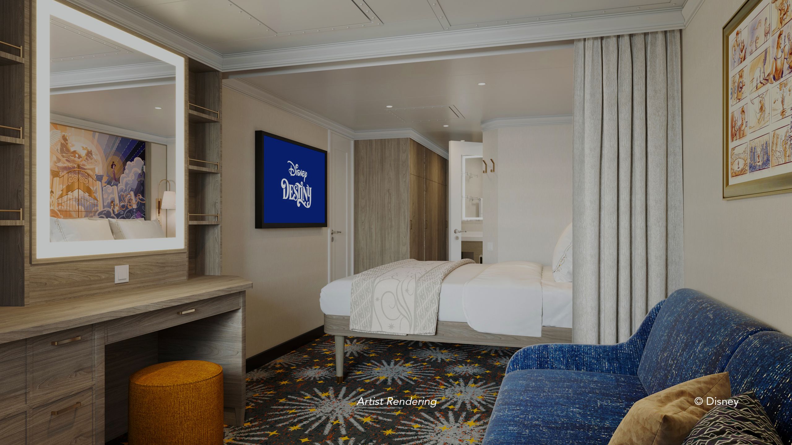 An artist rendering of a Disney Destiny Deluxe Oceanview Stateroom with a vanity, a TV, a closet, a bed and a sleeper sofa