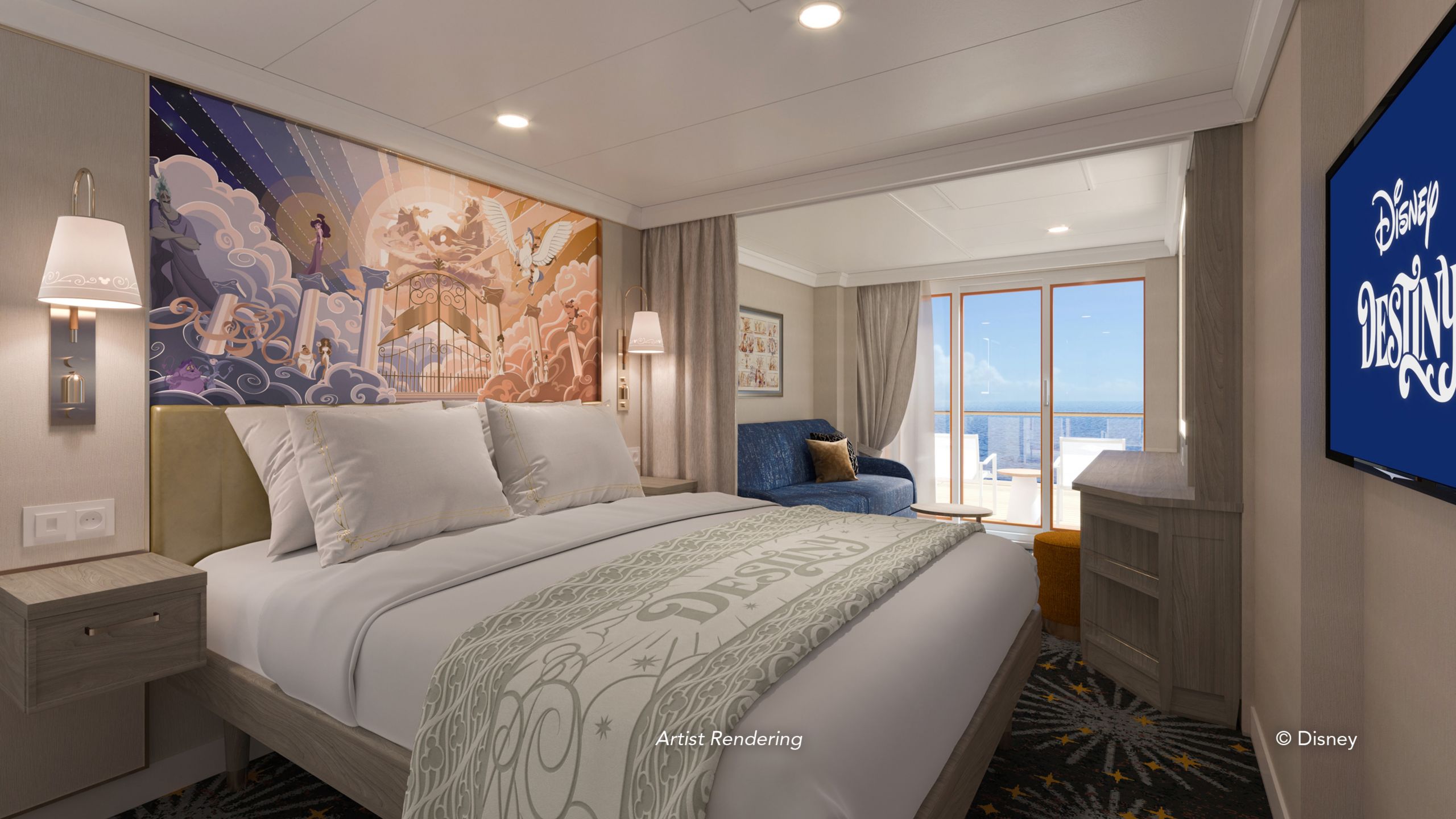 An artist rendering of a Disney Destiny Deluxe Oceanview with Verandah Stateroom on the Disney Destiny with a bed, sofa, artwork inspired by Hercules and a verandah with an ocean view