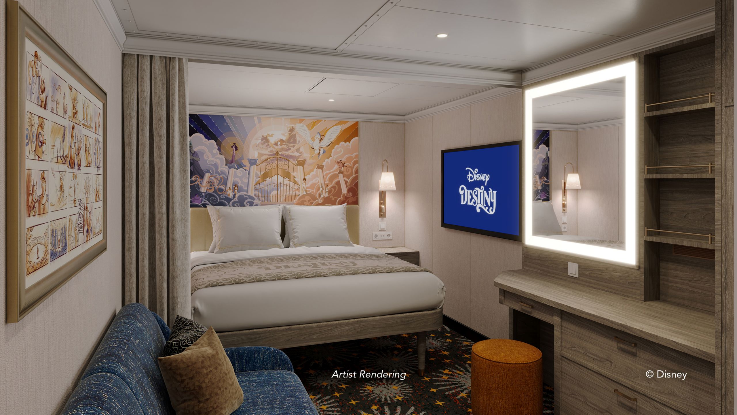 An artist rendering of a Disney Destiny Inside Stateroom with a sofa, a bed, a TV and a vanity