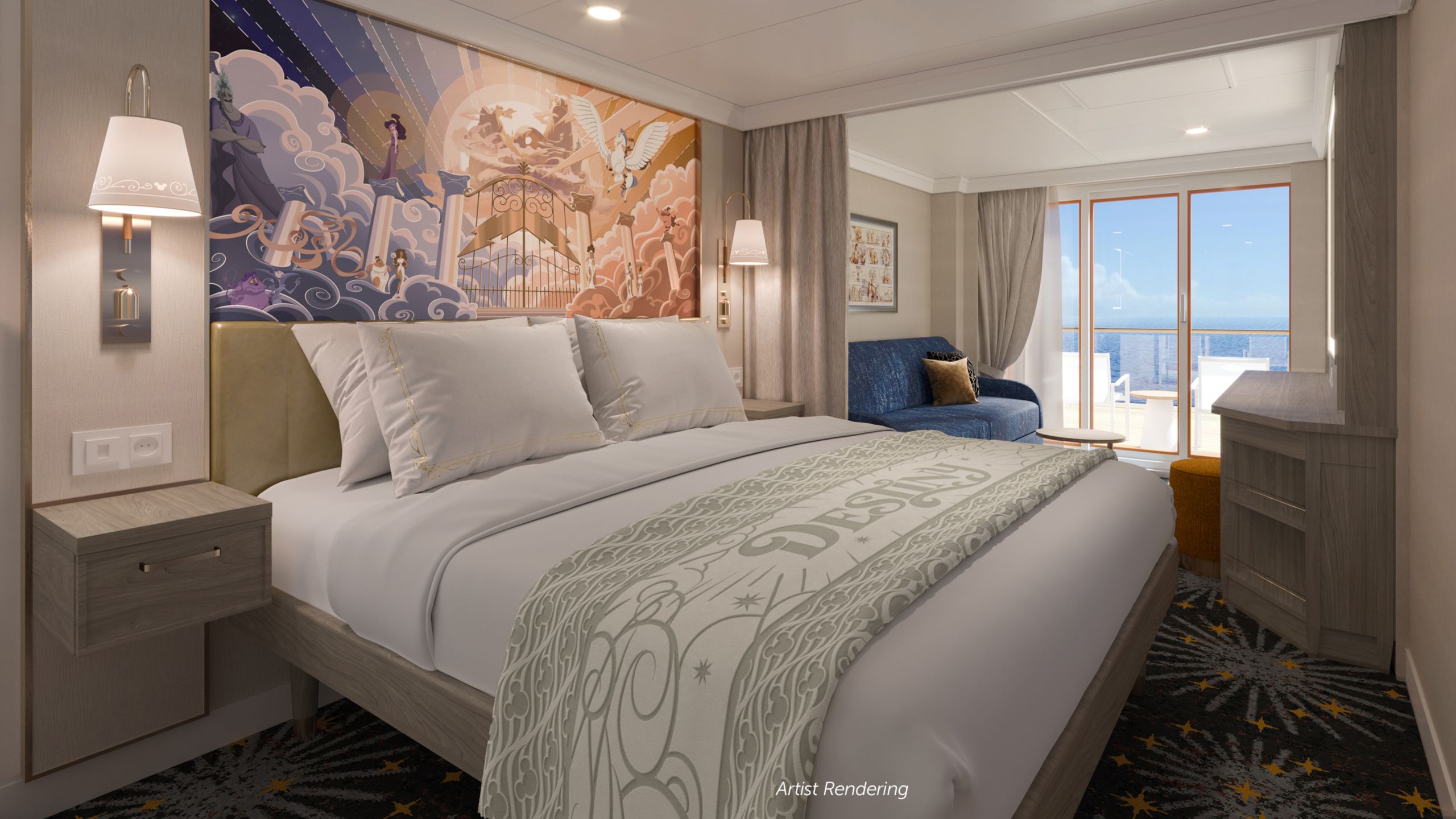 An artist rendering of a Disney Destiny stateroom with a bed, sofa, table, artwork inspired by Hercules, 2 nightstands and a verandah facing the ocean