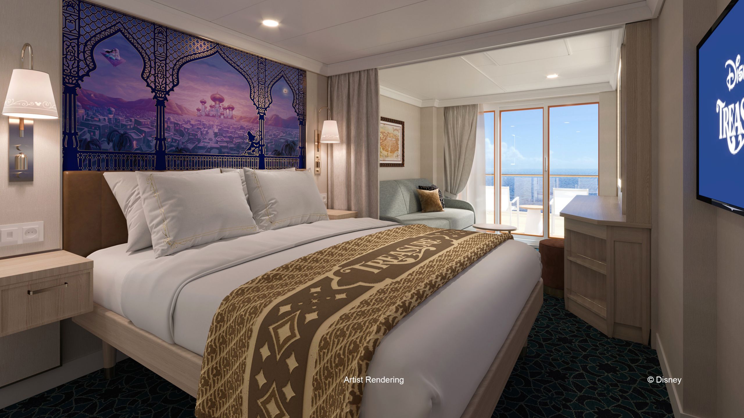 A Disney Treasure Verandah Stateroom with a bed, table, artwork inspired by Aladdin, sofa, desk, 2 nightstands and a verandah facing the ocean