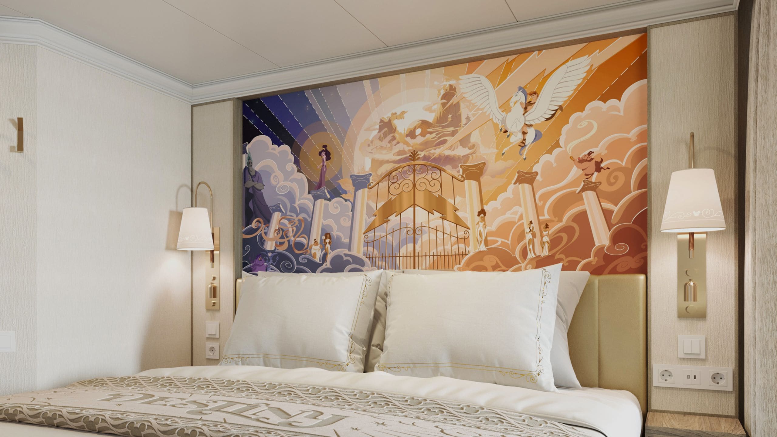 An artist rendering of a Disney Destiny stateroom with a bed and artwork inspired by Hercules.