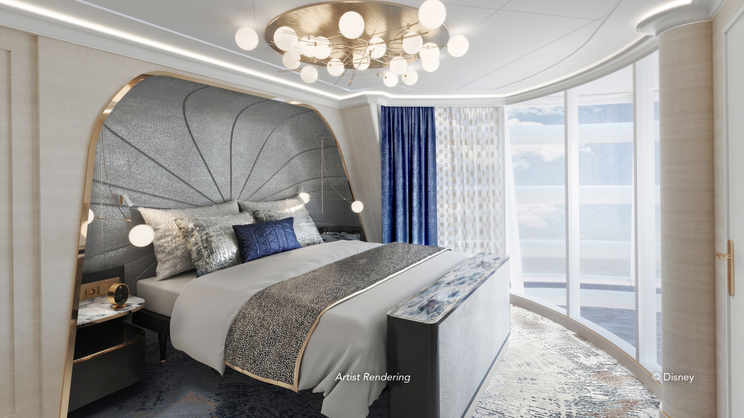 An artist rendering of a Disney Treasure Concierge Tower Suite Stateroom with a bed and a window with ocean view