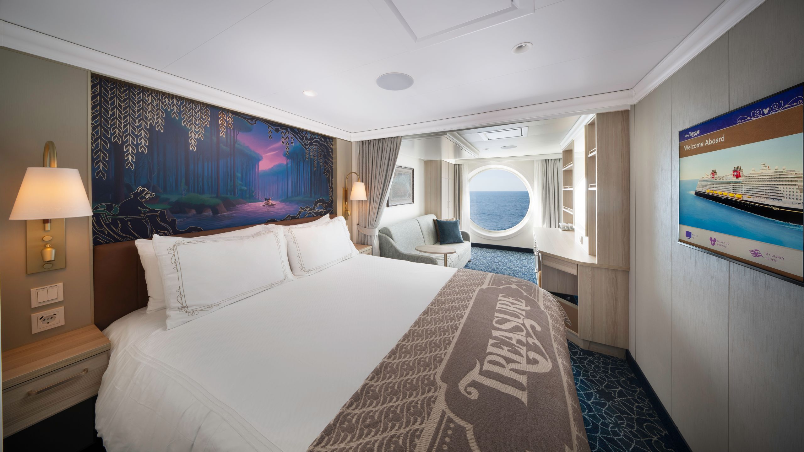 An artist rendering of a Disney Treasure Deluxe Oceanview Stateroom with a bed, a sofa, a porthole with an ocean view and a vanity