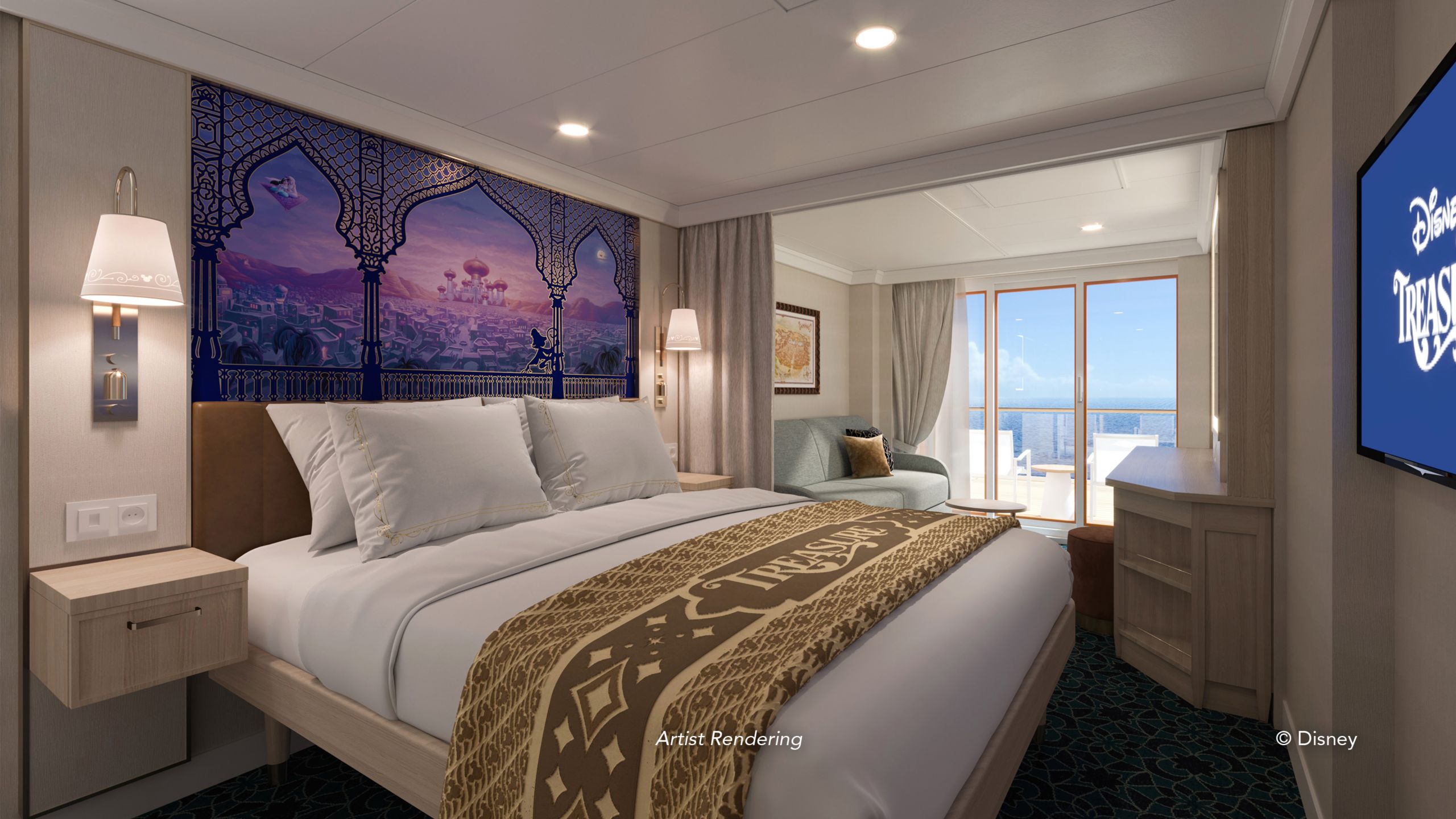 An artist rendering of a Disney Treasure stateroom with a bed, sofa, table, TV, artwork inspired by Aladdin, 2 nightstands and a verandah facing the ocean