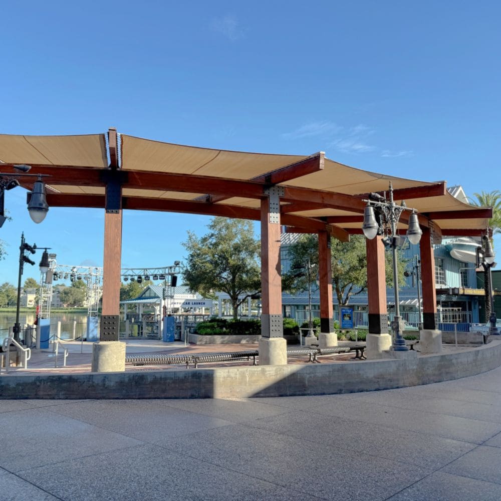The Lakeview Stage at Disney Springs featuring an open air wooden pavilion  