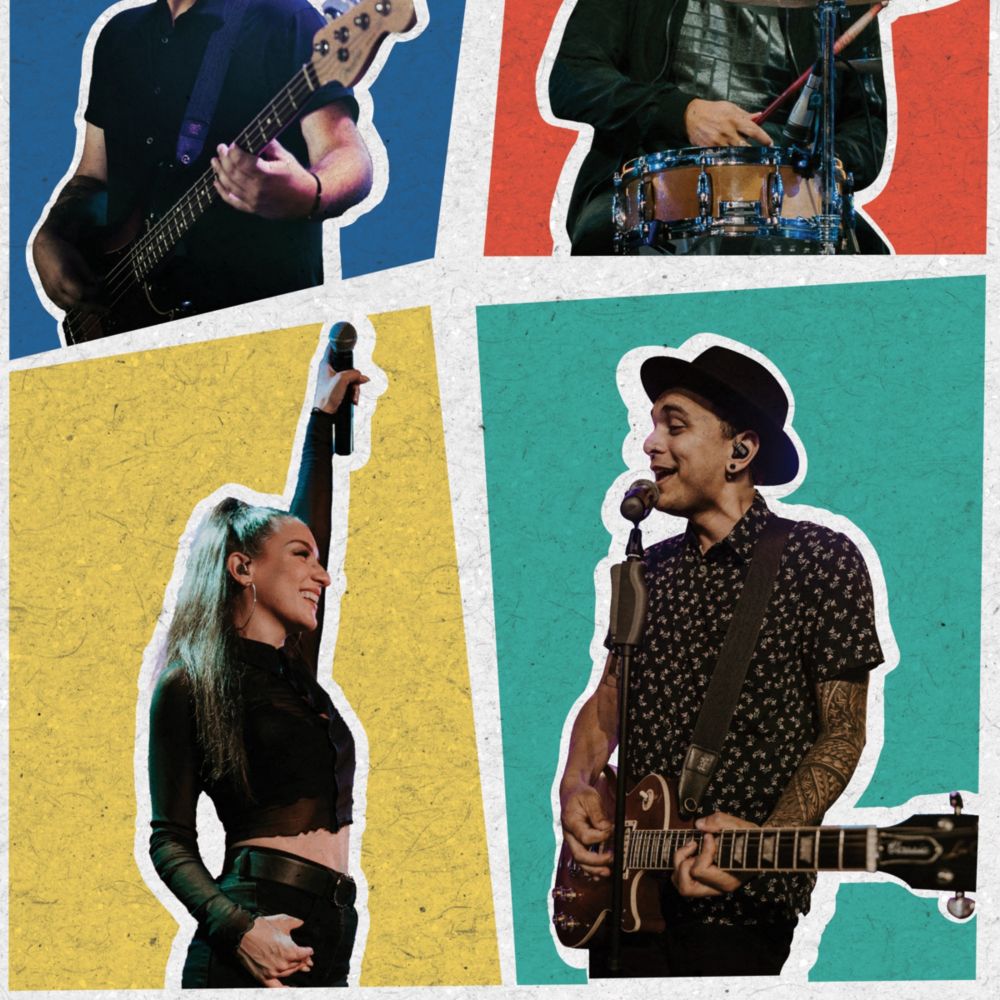 A collage with individual portraits of the 4 members of the band Sugar Vibe