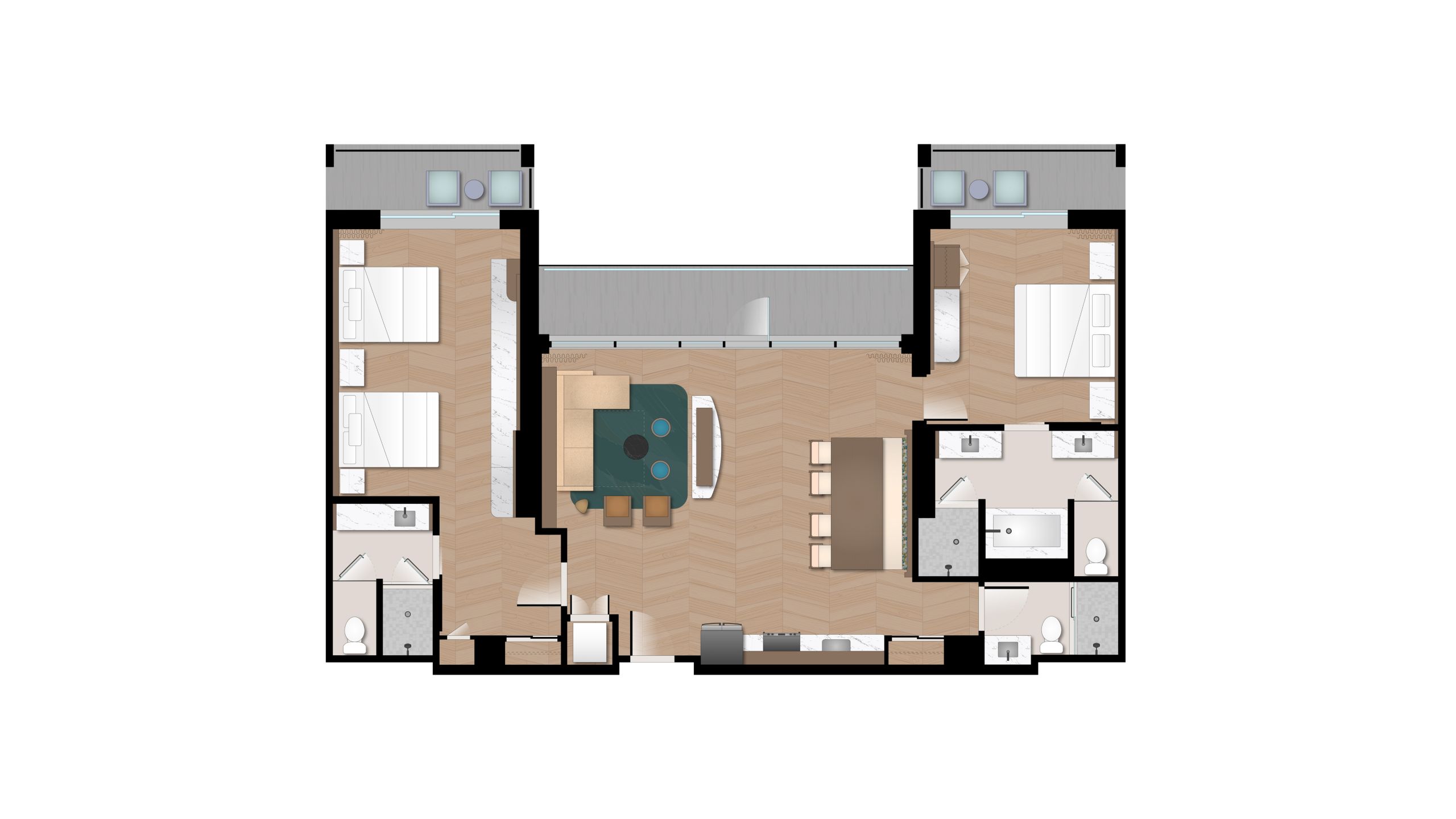 A floor plan of a 2 Bedroom Penthouse at Disney’s Polynesian Villas & Bungalows