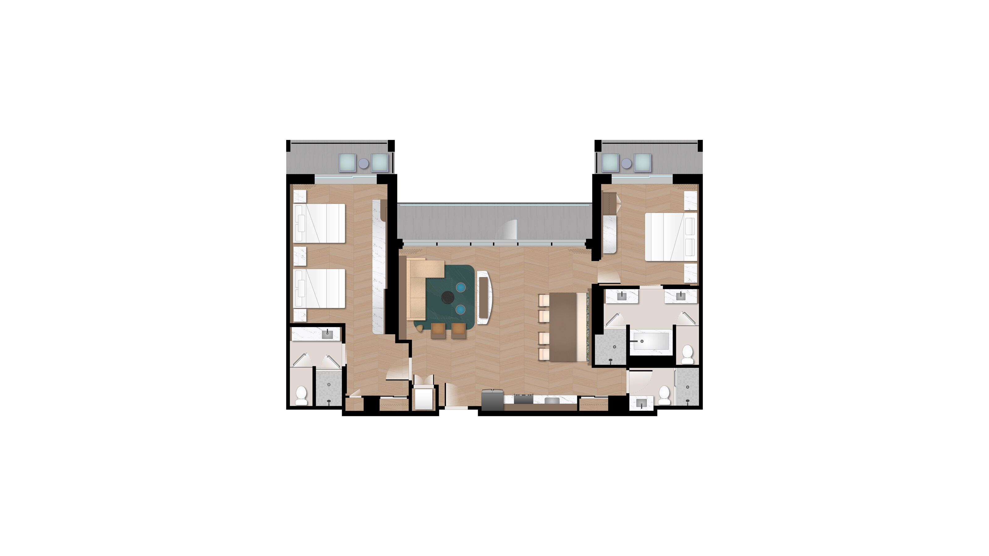 A floor plan of a 2 Bedroom Penthouse at Disney’s Polynesian Villas & Bungalows