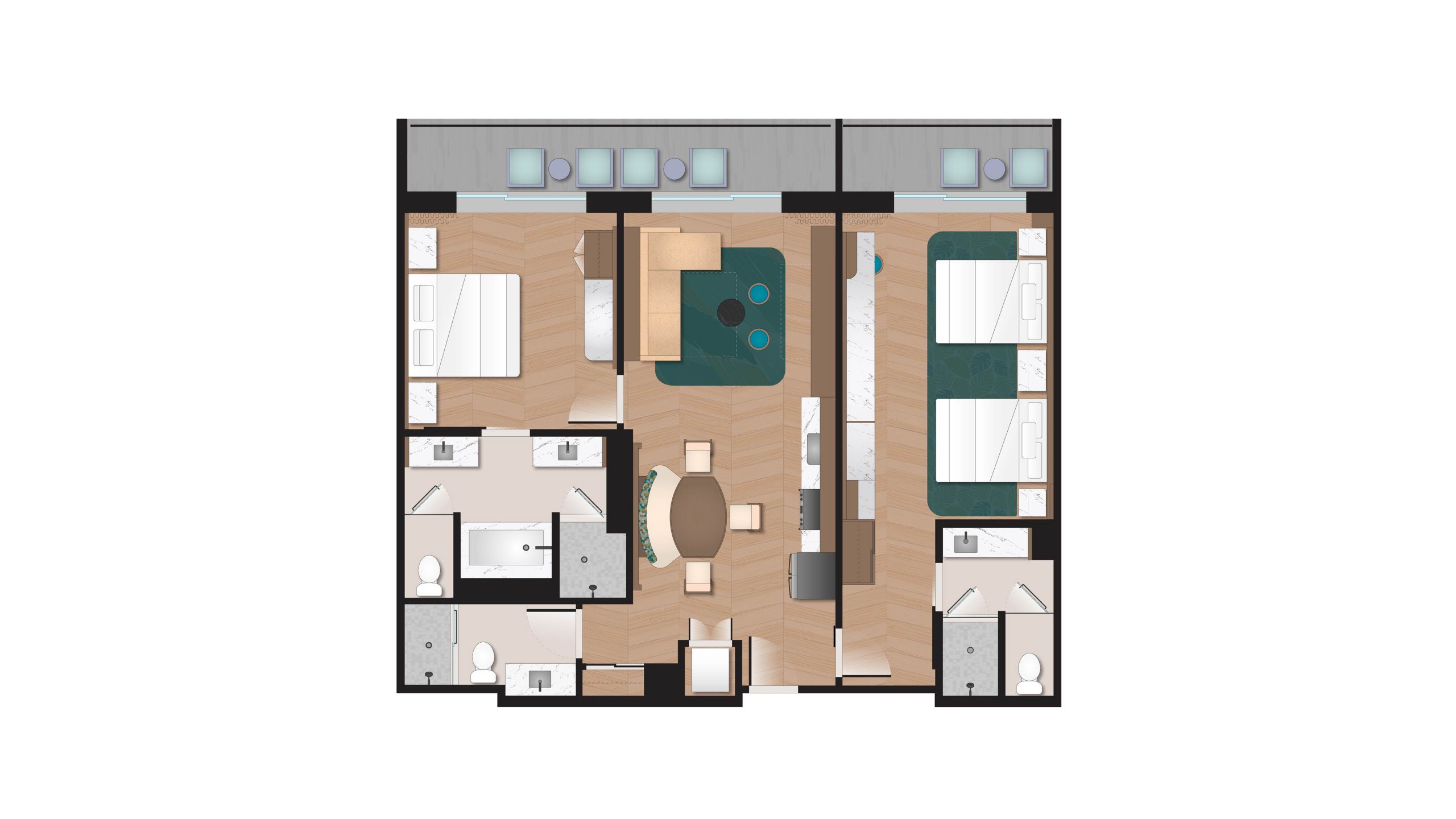 A floor plan for a 2 Bedroom Villa with 3 bathrooms, a kitchenette, a living area and a deck